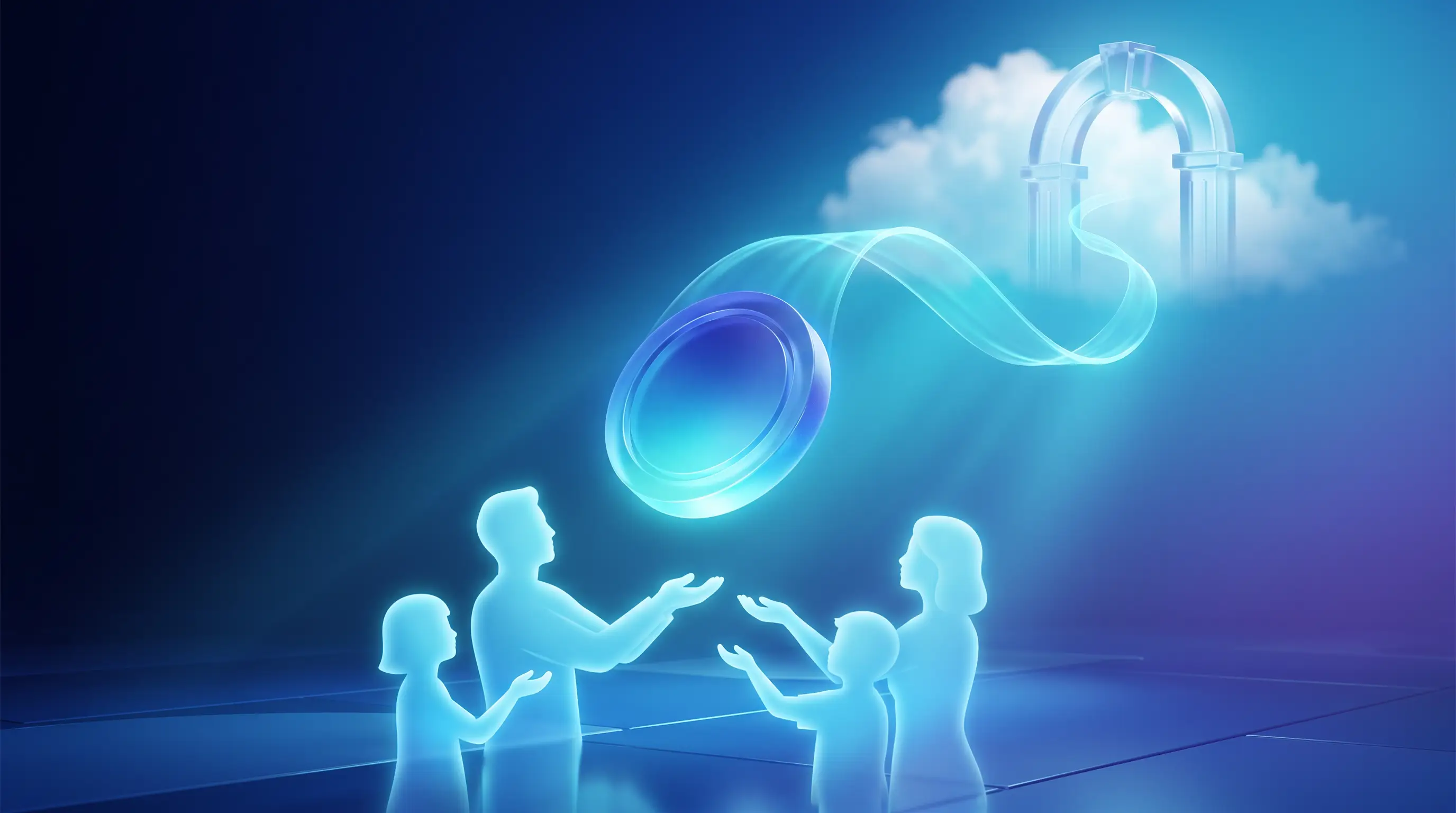 A glowing coin descending into the hands of a family of light, trailing a ribbon back to a radiant archway, an ACA premium tax credit arriving