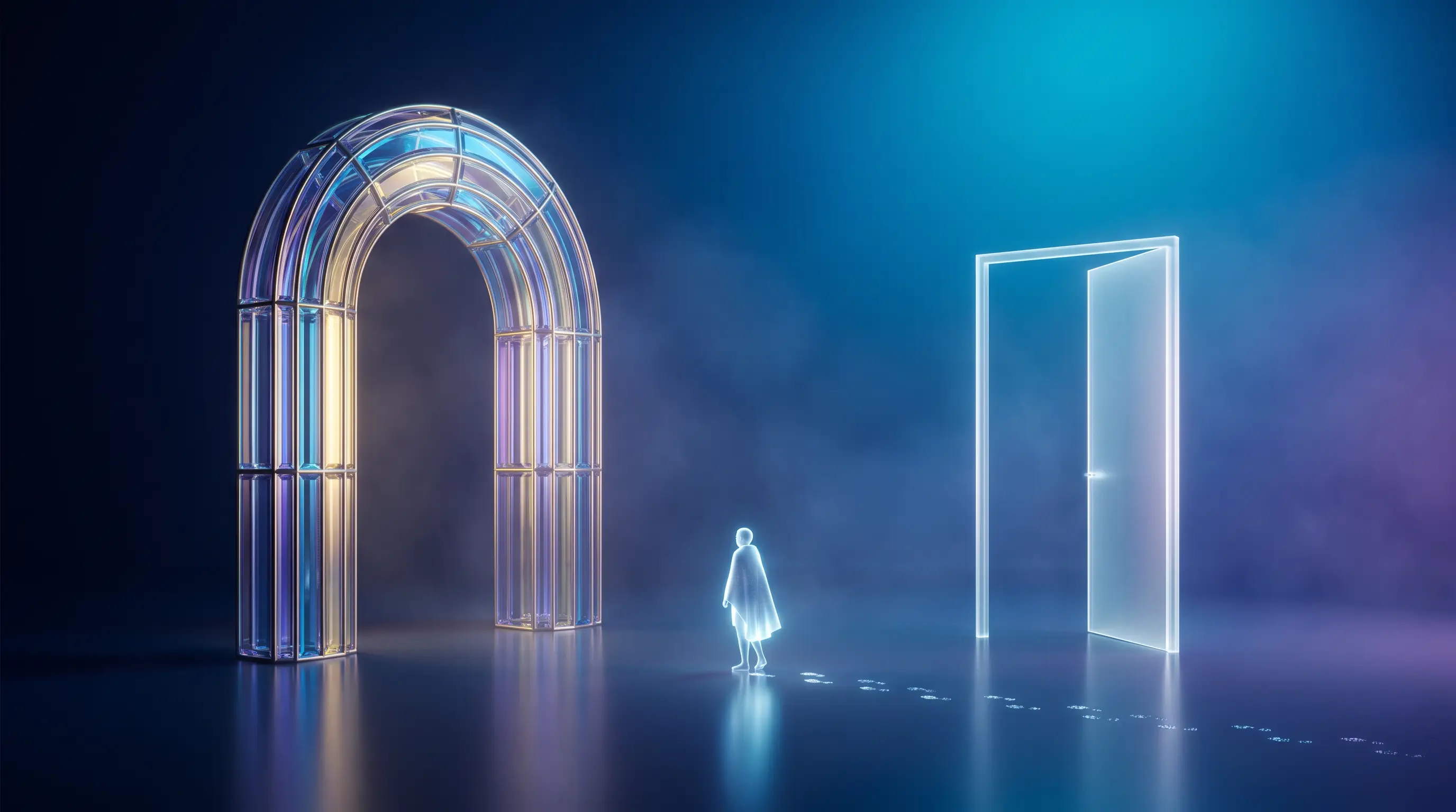 Two doorways of light, a full ornate archway and a simpler half-open door, with a figure deciding between them, dental insurance versus discount plans