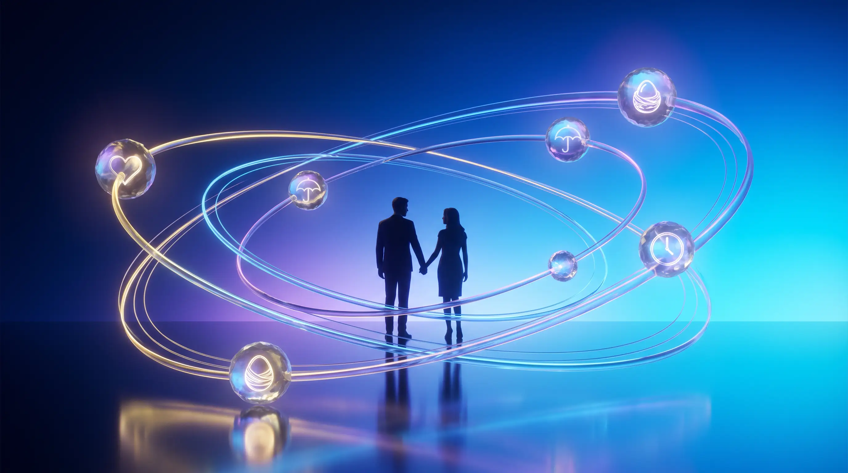 Crystalline orbs of benefits, heart, umbrella, nest egg, clock, orbiting two colleagues, employee benefits that keep good people