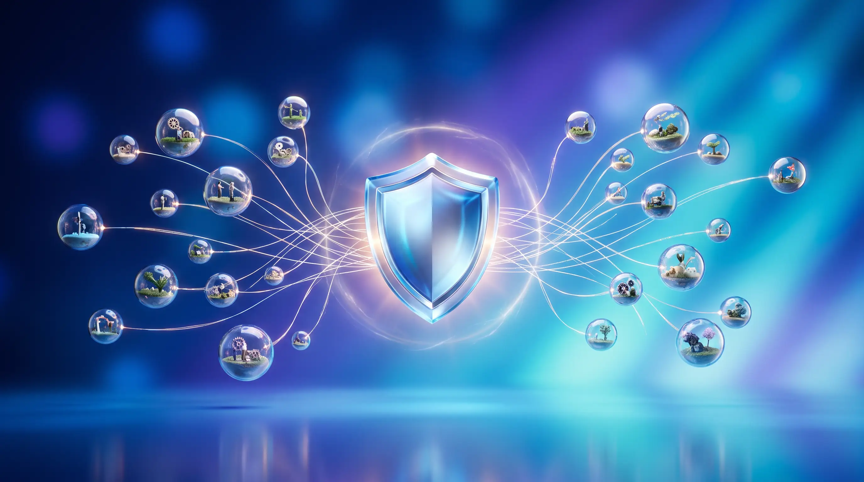A constellation of independent glowing orbs connected by threads of light to one radiant shield nucleus, freelancers and gig workers finding coverage structure