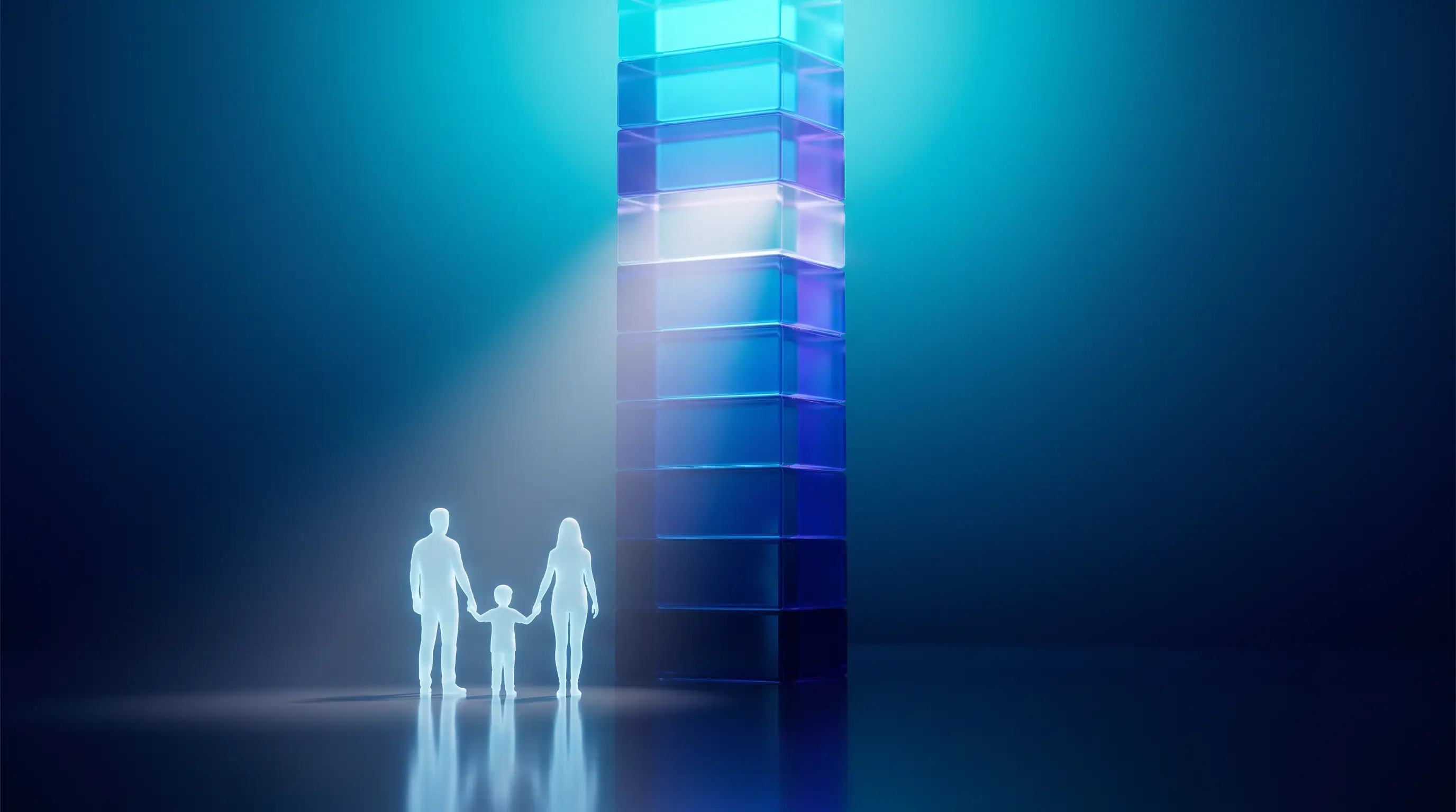 A family of light beside a rising column of stacked gradient glass blocks with a beam marking the right height, measuring how much life insurance a family needs