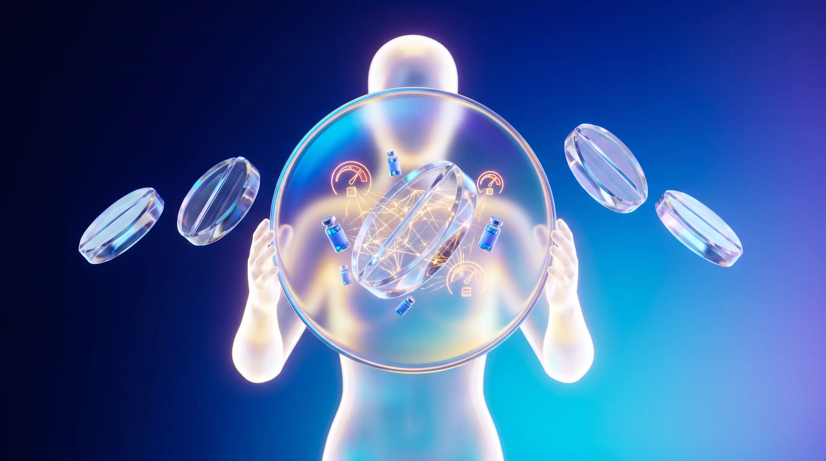 A figure of light examining five crystalline plan tablets through a gradient lens that reveals networks and costs inside, choosing a health plan by what is truly inside