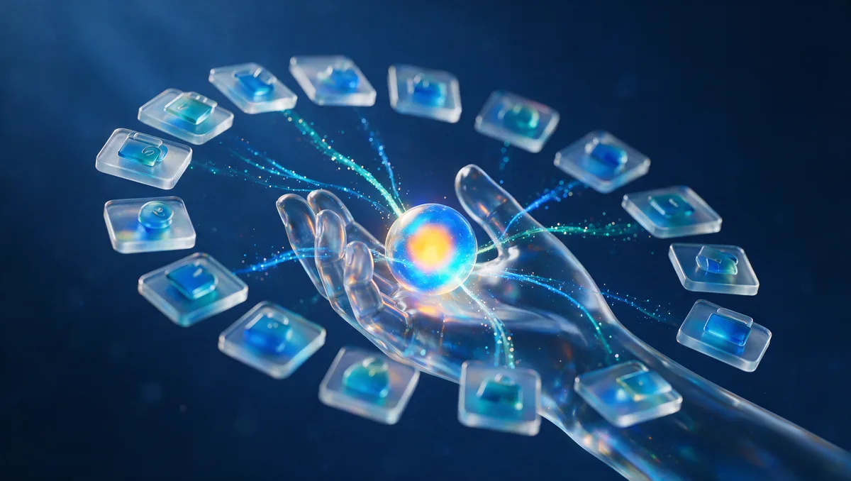 A translucent glass hand holding a glowing orb that splits into several streams, each flowing to its own floating glass plan card, how an ICHRA turns one employer budget into individual choice