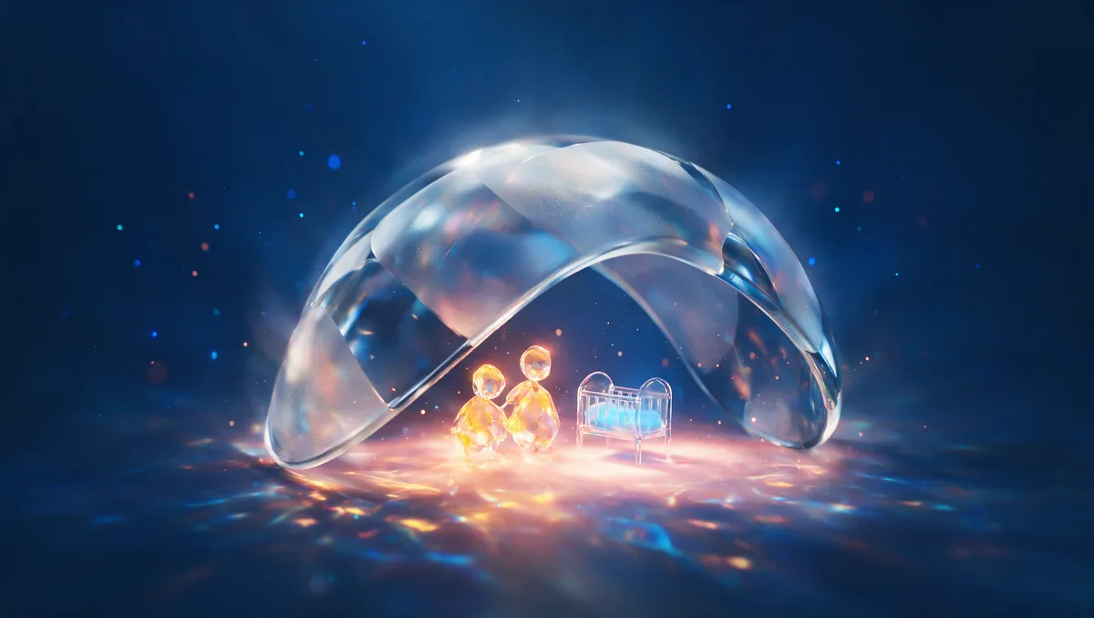 A large translucent glass shield curving over two small glowing figures and a crib-like glass form, warm light pooling beneath, life insurance protection for new Nevada parents