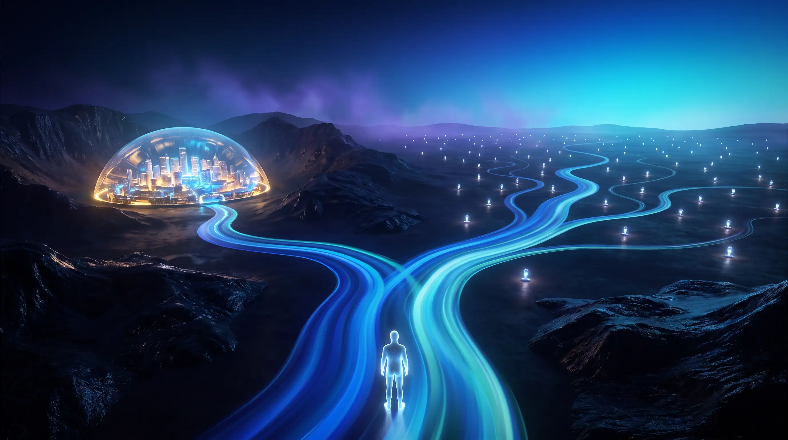 A river of light forking between a bundled dome city and an open plain of glowing waypoints, a figure at the fork, Medicare Advantage versus Medigap