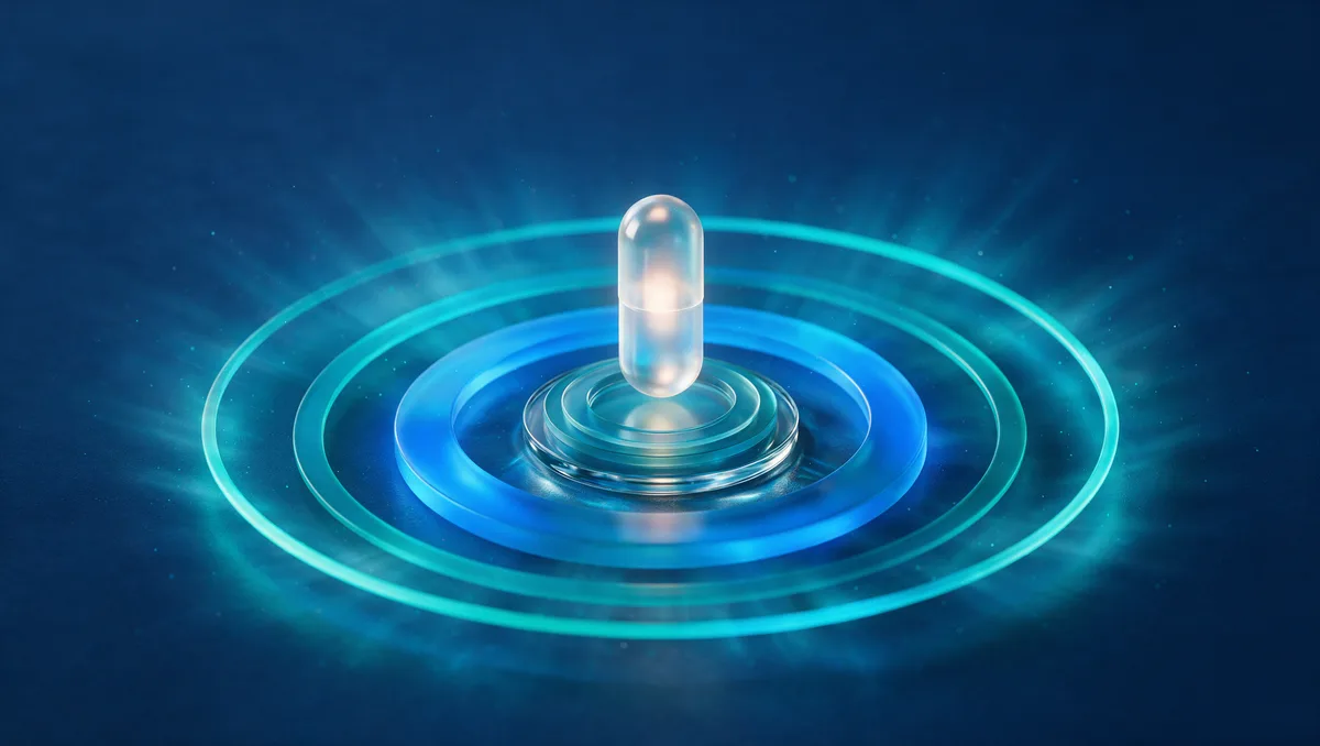 Concentric rings of teal and blue light radiating from a translucent glass capsule standing on a glass plinth, each ring a tier, Medicare Part D prescription drug coverage in Nevada