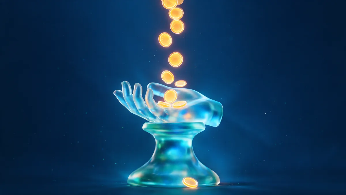 A translucent glass hand cupped beneath a stream of glowing coins that soften as they fall onto a glass pedestal, Medicare Savings Programs easing Part B costs in Nevada