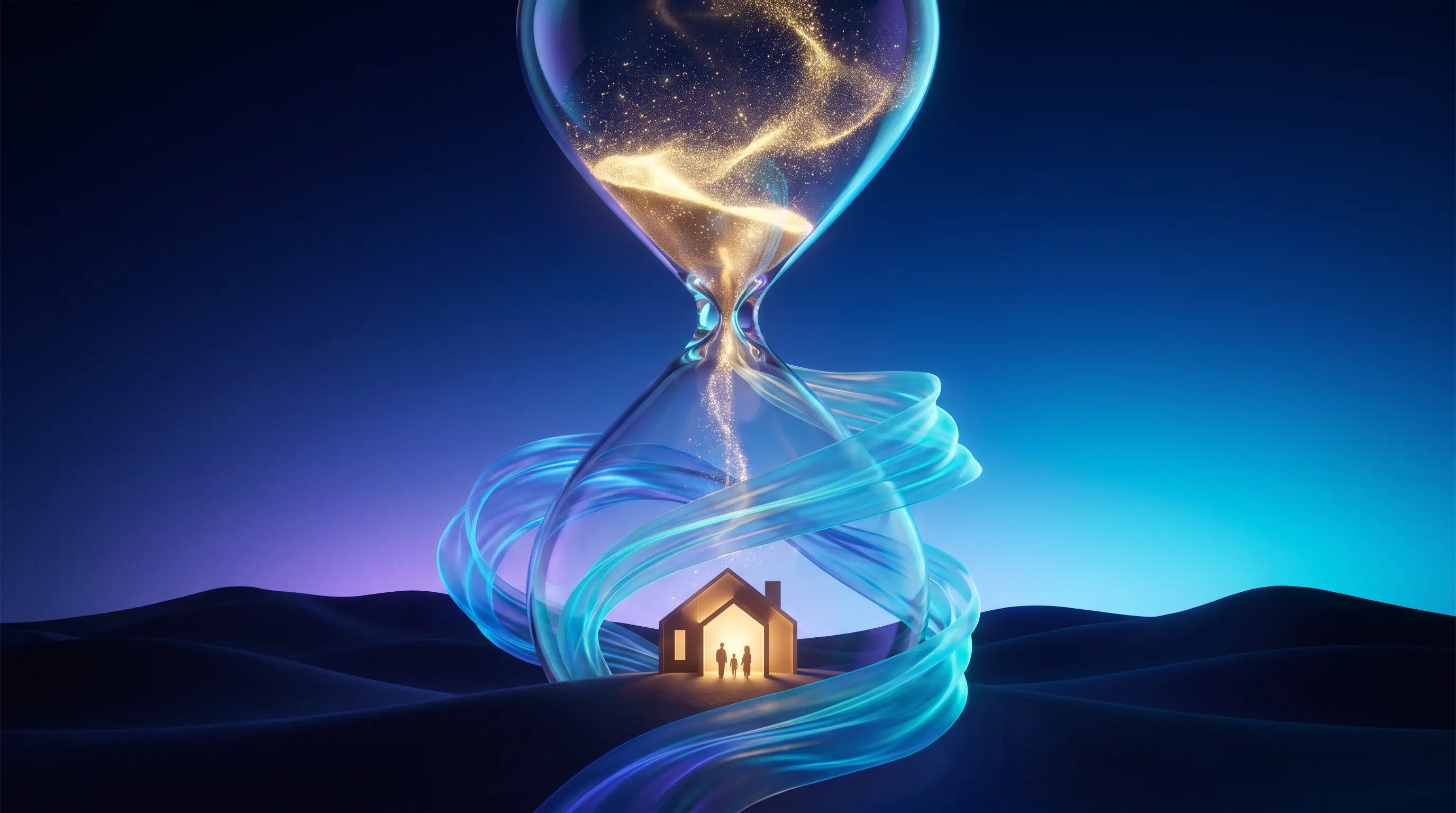 Glass hourglass pouring golden light that wraps a protected Las Vegas home, the Nevada open enrollment window closing