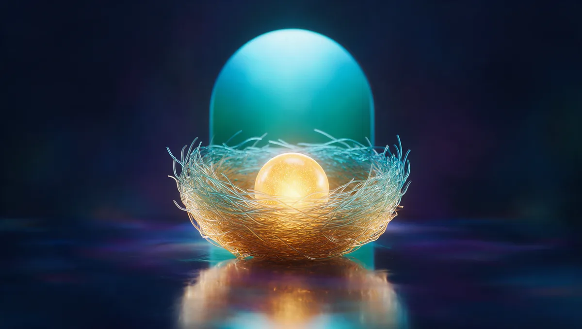 A translucent glass nest cradling a single glowing golden orb on a dark reflective surface, with a tall doorway of cyan light opening in the darkness behind it, Nevada's retirement savings mandate