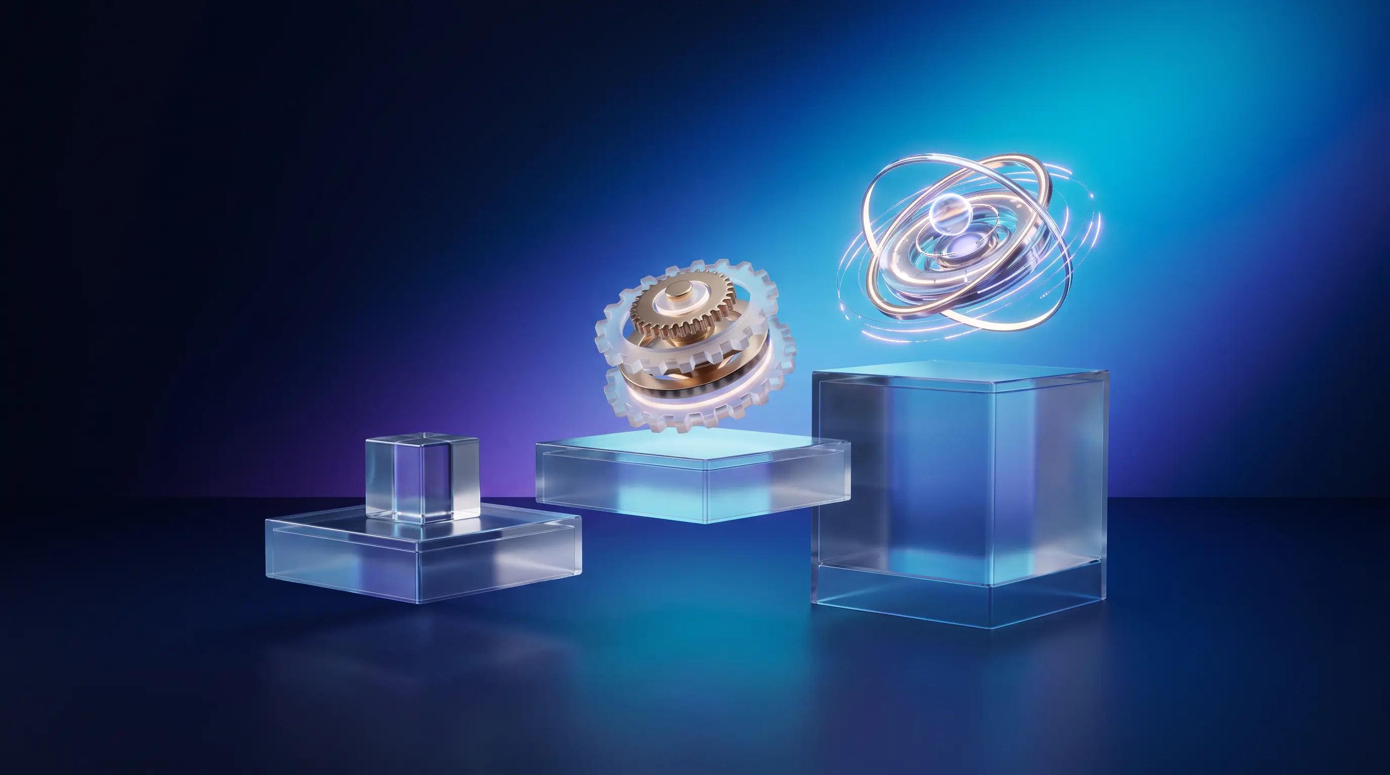 Three glass pedestals of ascending sophistication, a lone cube, interlocking gears, and a luminous orbiting machine, PEO versus payroll service versus DIY
