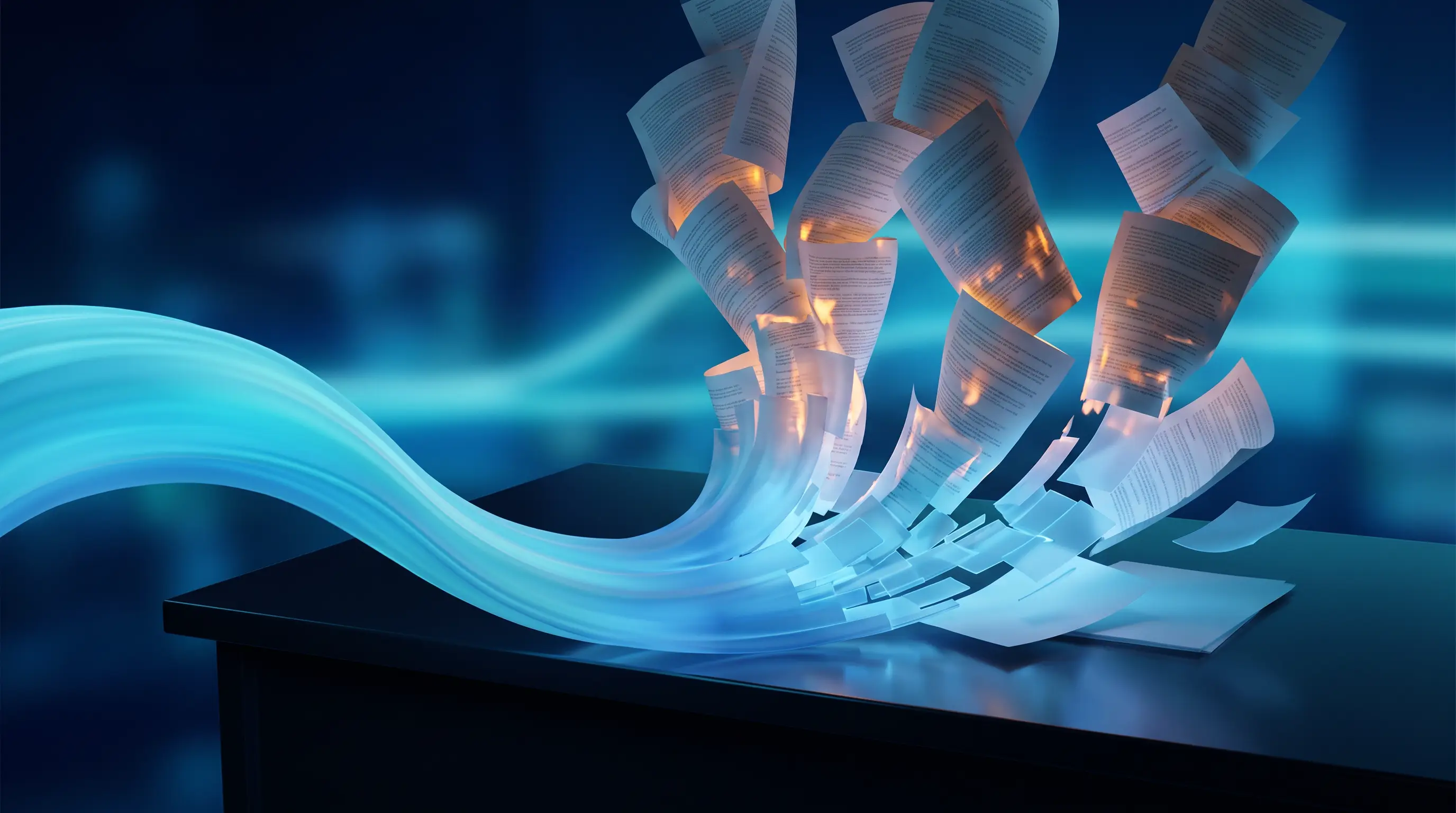A storm of spiraling paperwork calmed by a wide river of cyan light, the warning signs a small business needs HR support