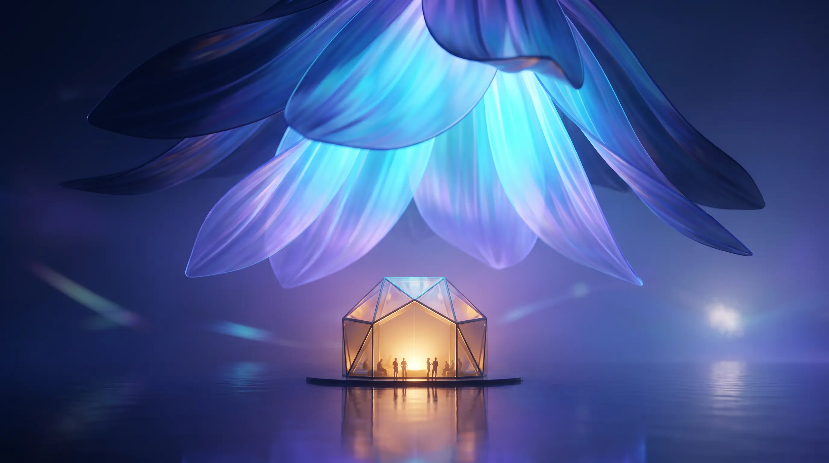 A blooming canopy of gradient light sheltering a small glowing storefront and its team, small business health insurance