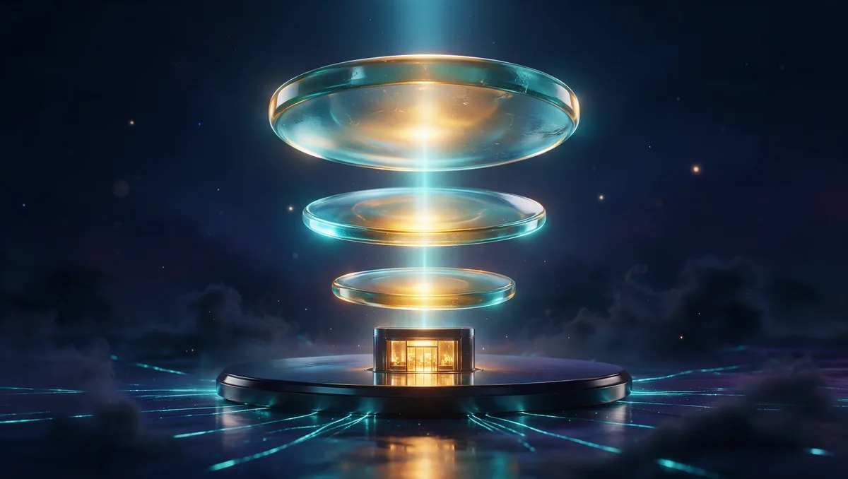 Three translucent glass discs stacked in a column of cyan light, each channeling golden light downward onto a small glowing glass storefront, the federal credits that pay for a small business retirement plan