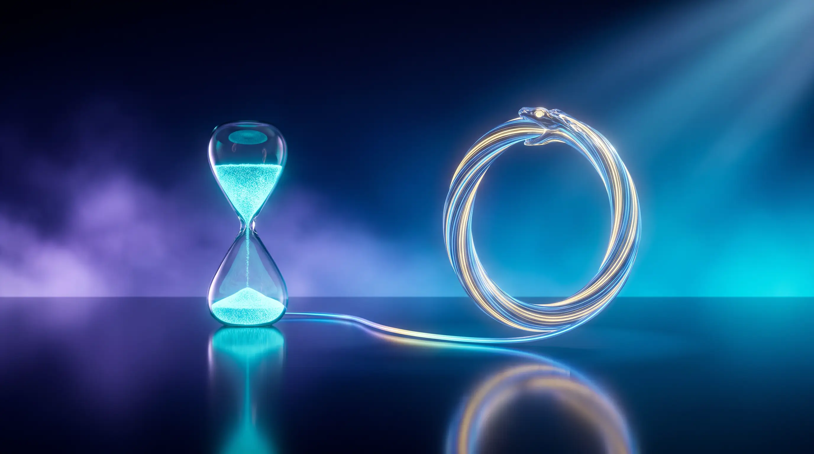 A cyan hourglass with fixed sand facing an infinite golden ring of light on a reflective plane, term life insurance versus whole life