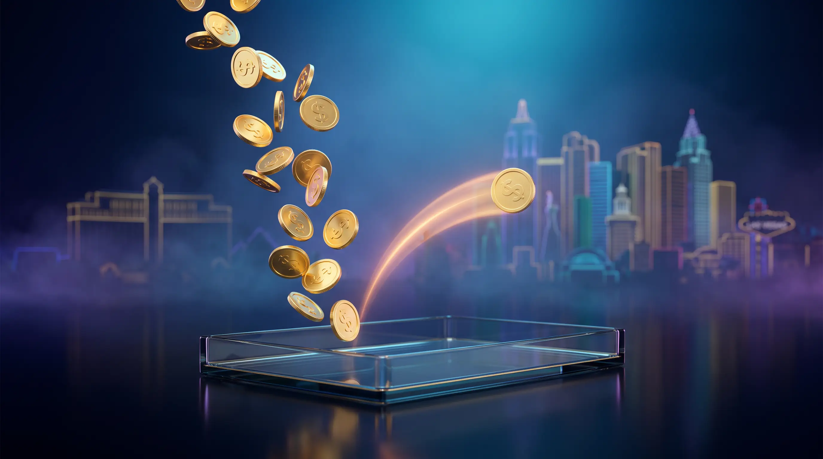 Golden coins cascading toward a glass ledger tray with one coin veering off in amber light against a neon Las Vegas skyline, tipped payroll gone wrong
