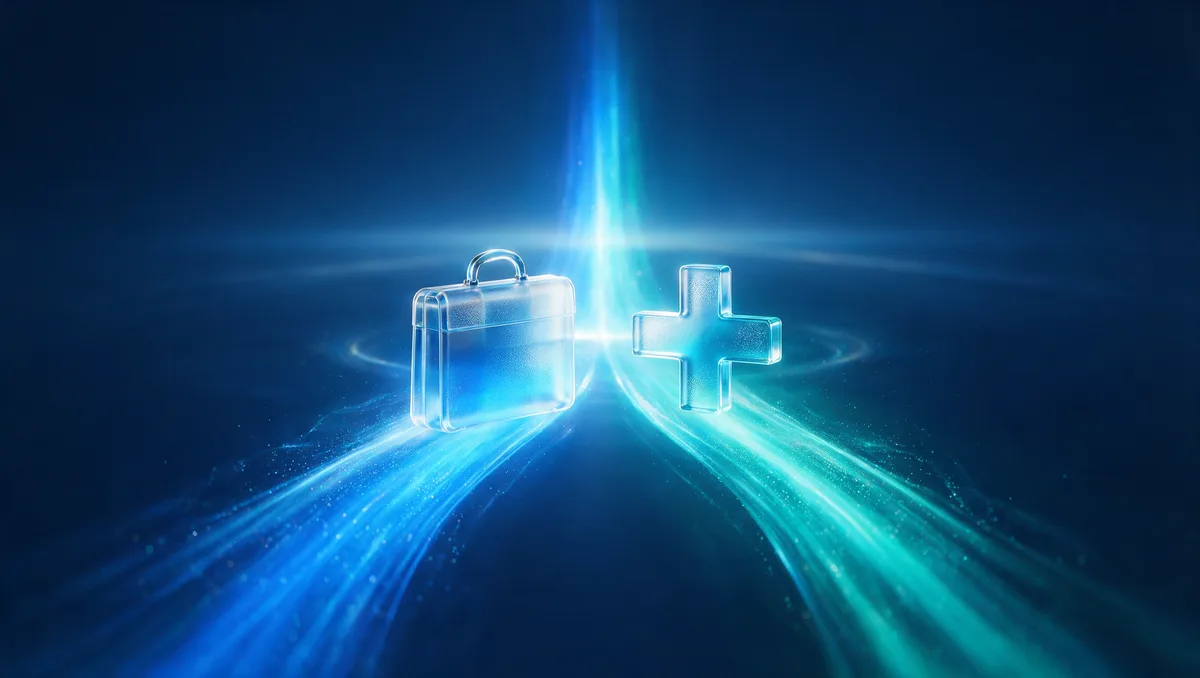 Two streams of gradient light converging on a horizon where a translucent glass briefcase and a glowing glass medical cross meet and merge into one beam, coordinating Medicare with a job after 65