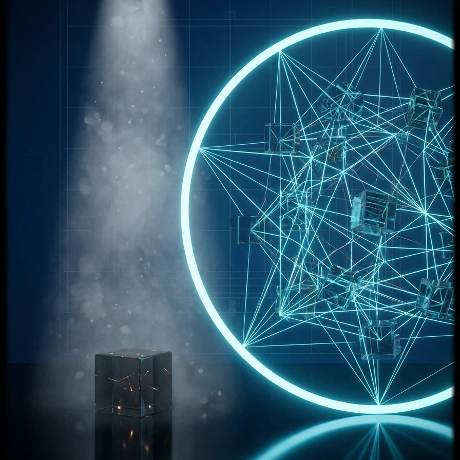 Glowing map of connected clinic nodes with one node outside the boundary