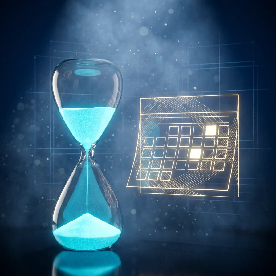 Glass hourglass beside a calendar of light