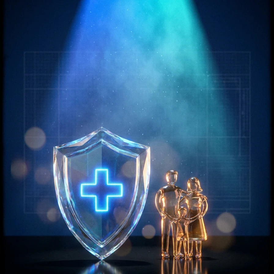 Crystal shield with a plus sign over a family silhouette in navy studio light