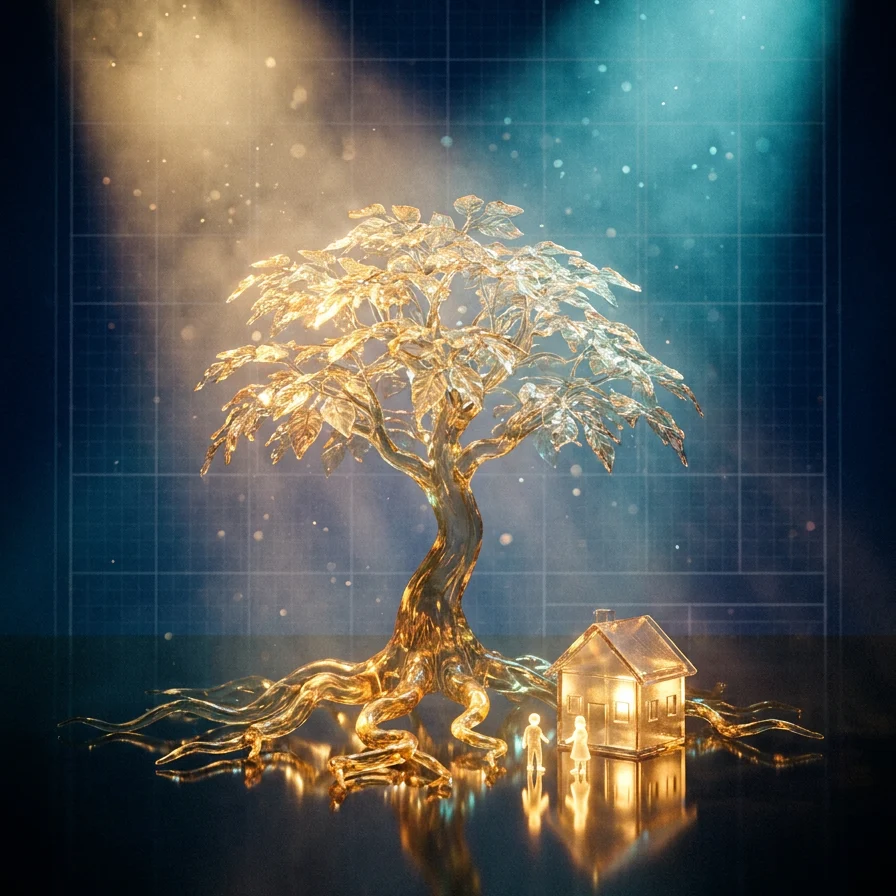 Glass tree with golden roots sheltering small house and family figures
