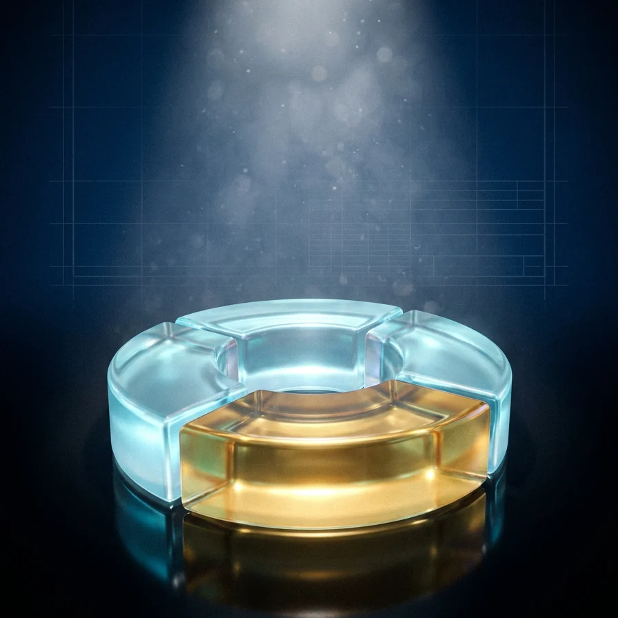 Four interlocking glass segments forming a circle, one segment gold