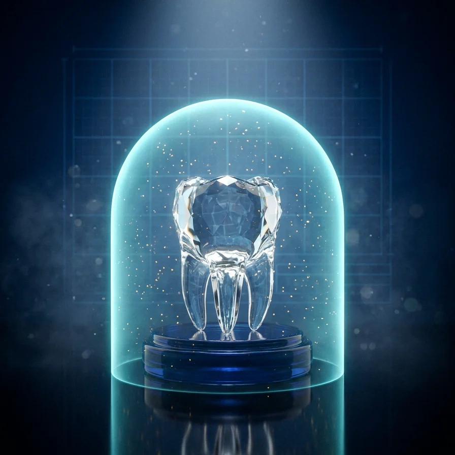 Crystal tooth on a pedestal with a soft protective light dome