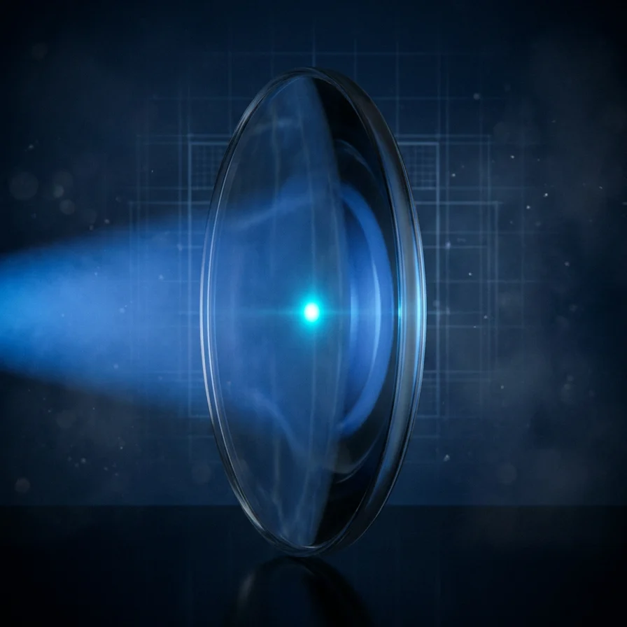 Glass eye lens focusing a beam of light into sharp focus on a point