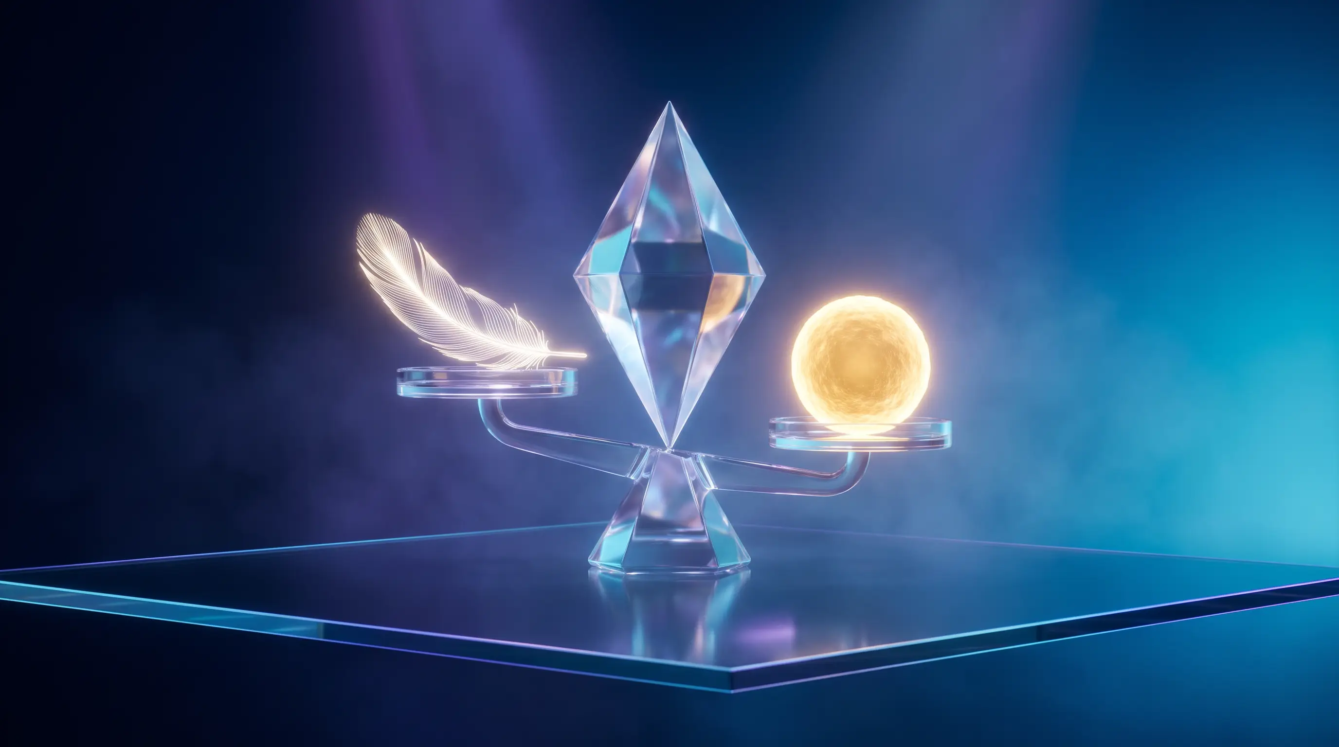 A glass scale weighing a feather of light against a heavy orb at a glowing boundary line, the 50-employee line for the health insurance mandate