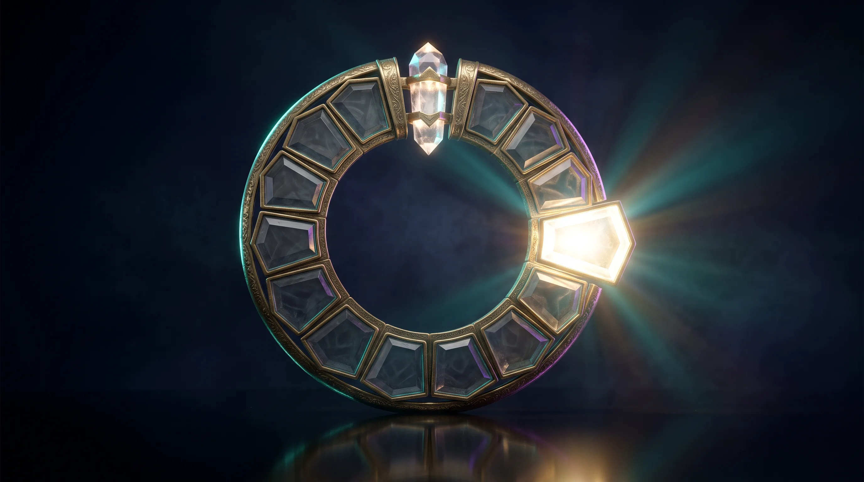 A twelve-segment brass ring clasped shut with a single segment open and lit, whether a business can change group plans mid-year
