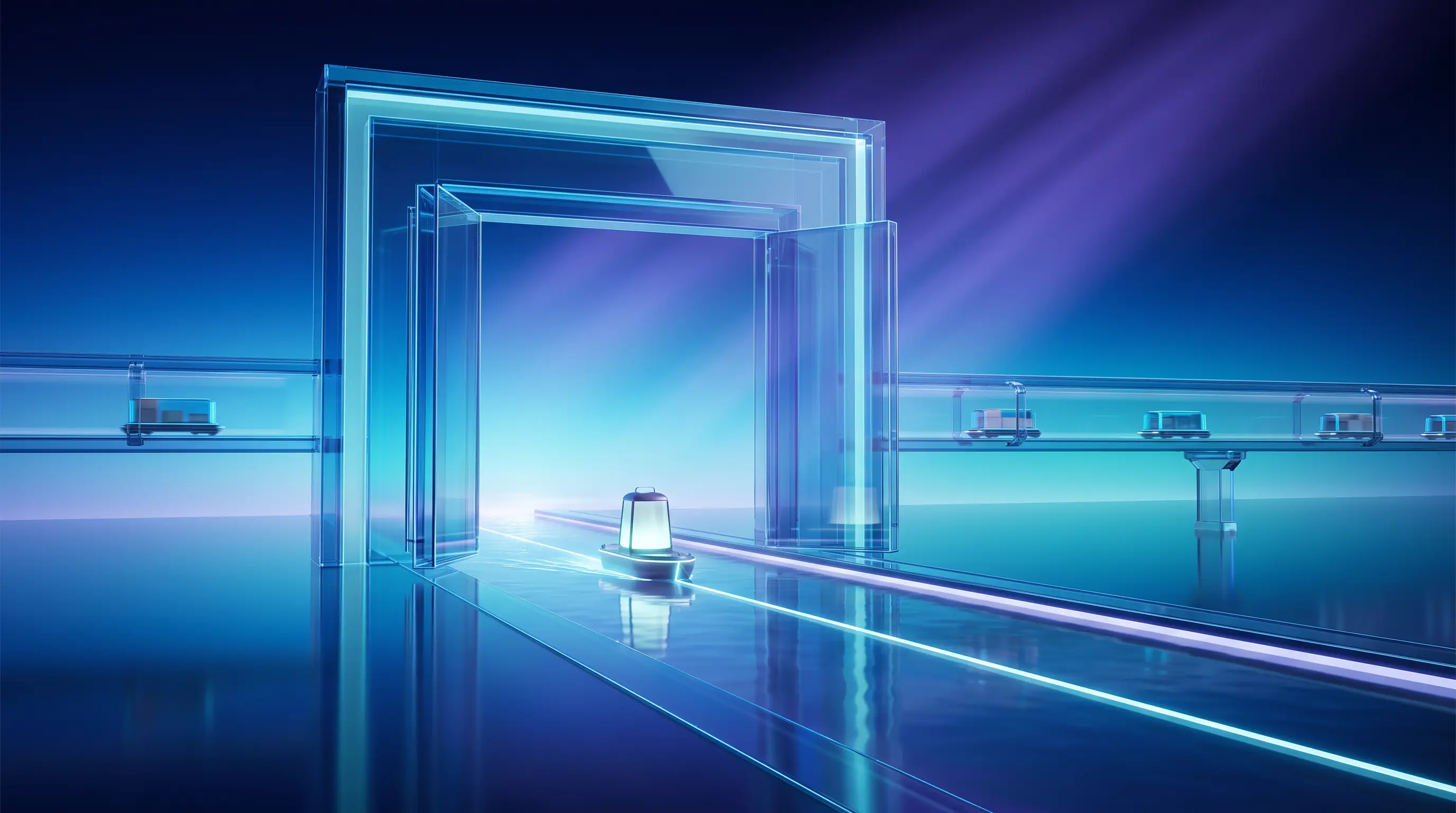 An open glass gate at a glowing year-line with a lit vessel sailing through as cargo transfers behind, leaving a PEO with a planned transition