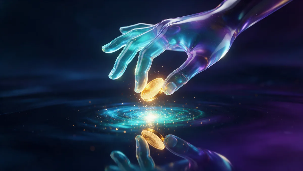 A translucent glass hand lowering a golden coin toward a mirrored surface where a reflected second coin rises to meet it, the employer contribution credit matching what the business puts in