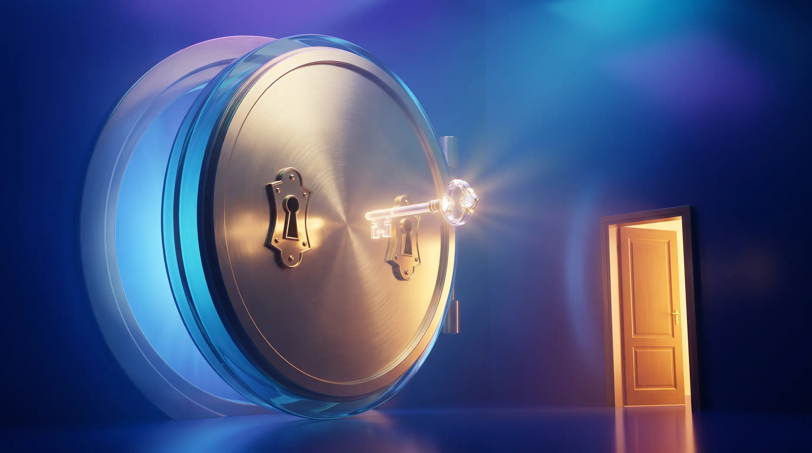 Two-keyhole golden vault door facing a single hovering key beside an open side passage, sole proprietors and group health insurance