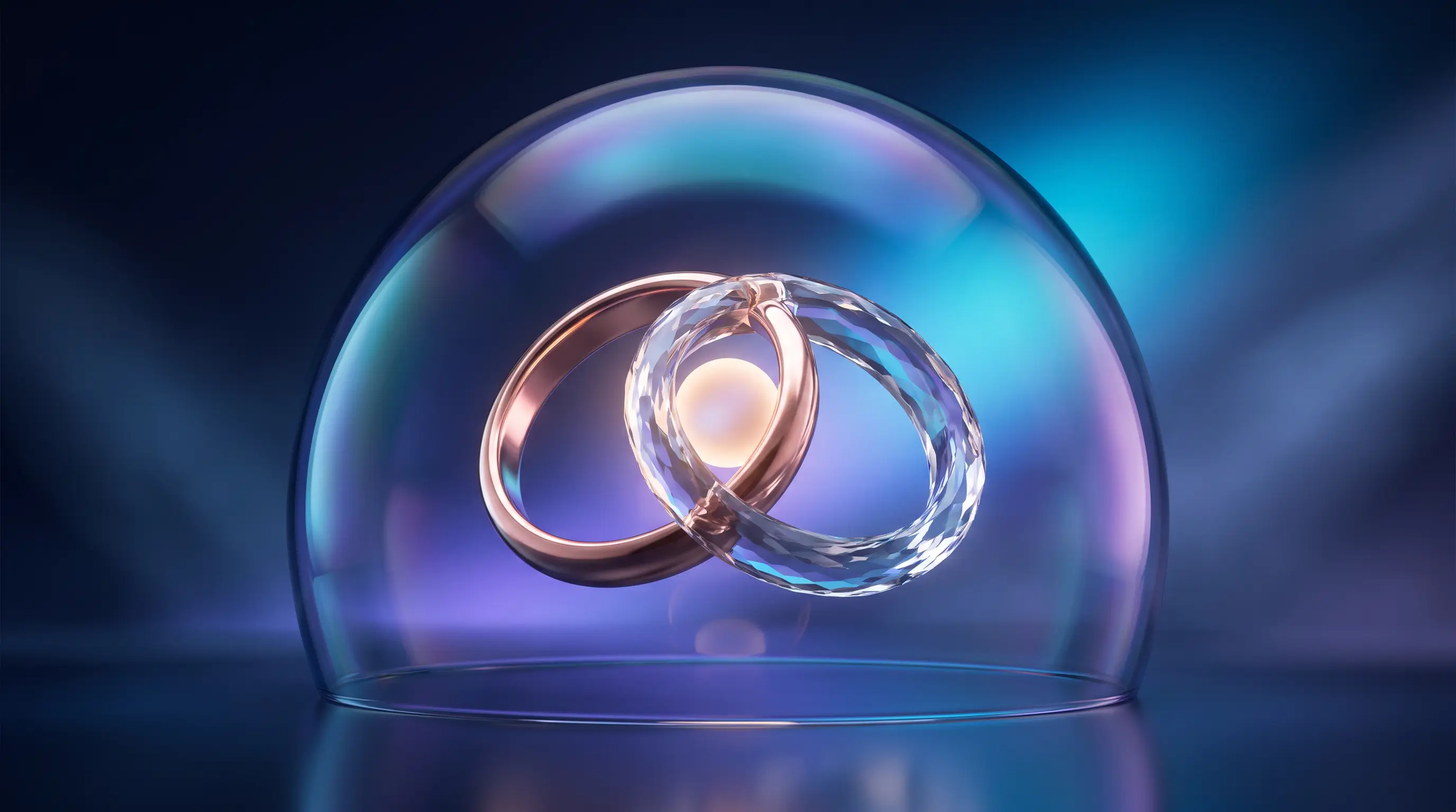 Interlinked crystal and rose-gold rings glowing under a shared glass dome, adding a spouse to a self-employed health plan