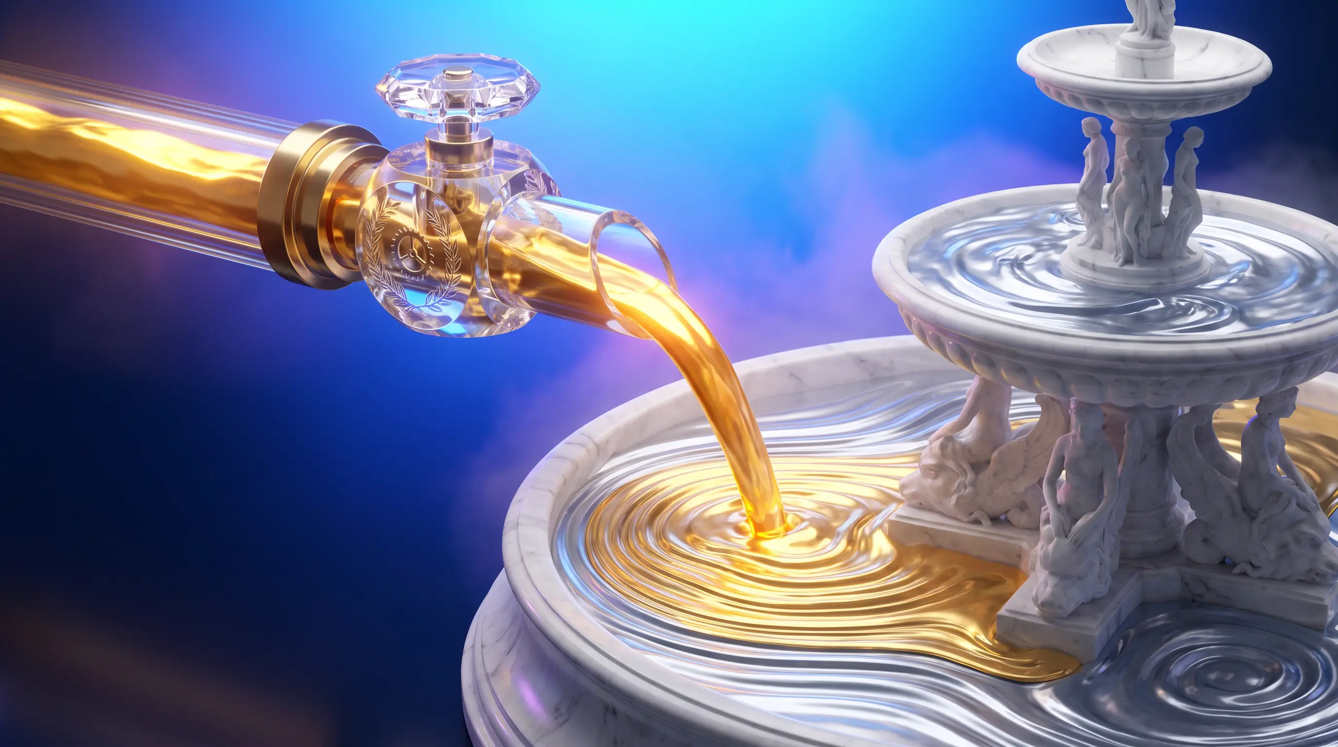Golden stream passing an engraved crystal valve into a classical silver fountain, ICHRA reimbursement of Medicare premiums