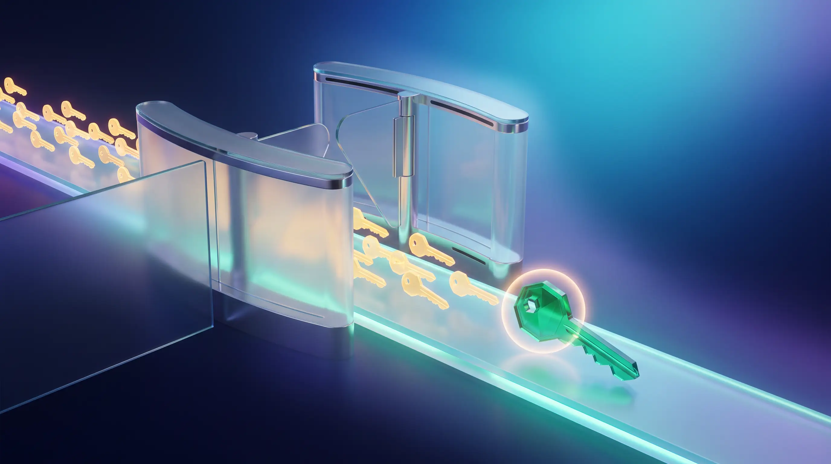 Glass turnstile gate passing golden keys while one large emerald key is redirected to a separate glowing path, S-corp owner eligibility for an ICHRA