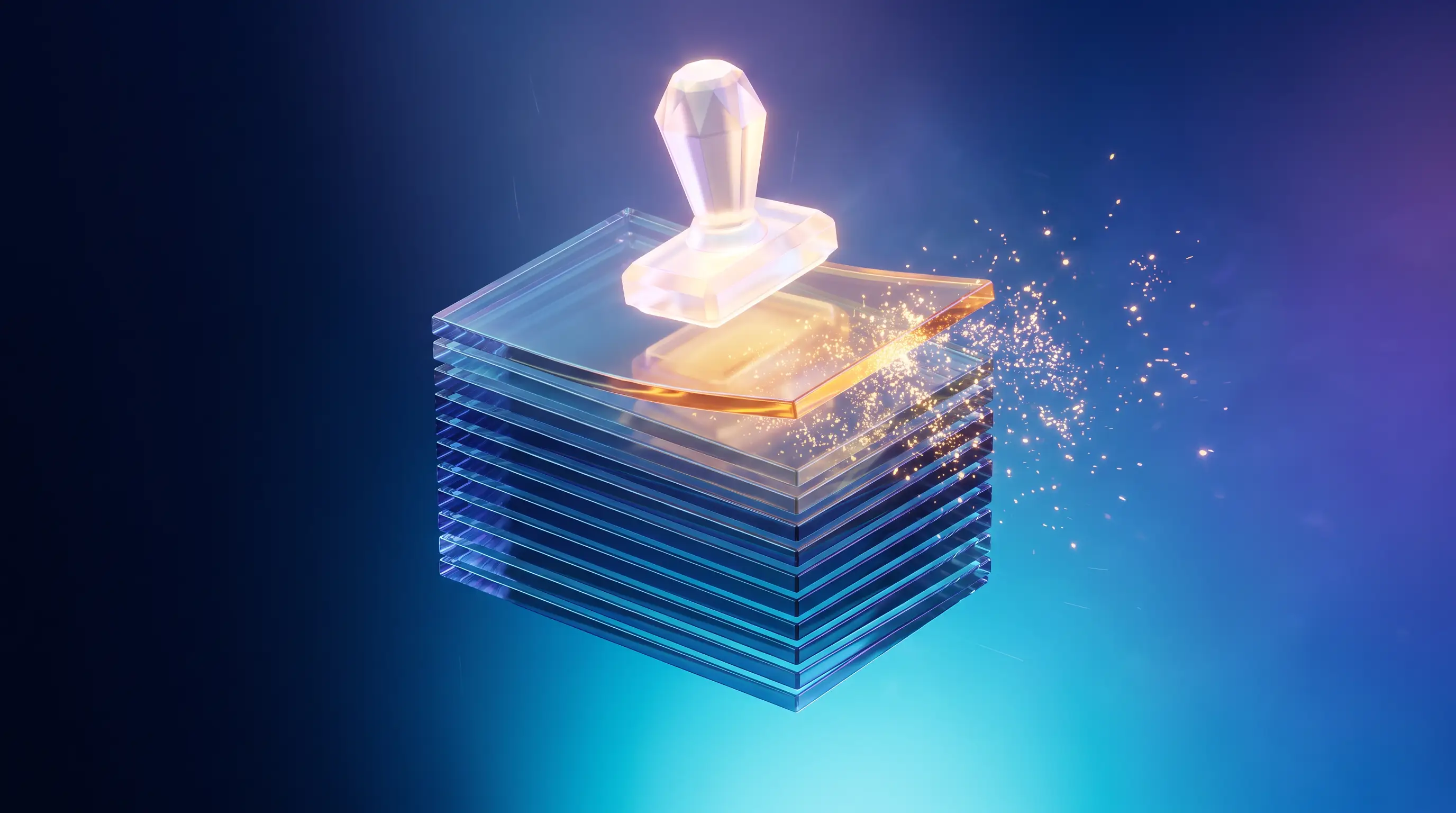 Crystal stamp lifting a glowing layer from a stack of glass ledger plates, freelancers writing off health insurance premiums