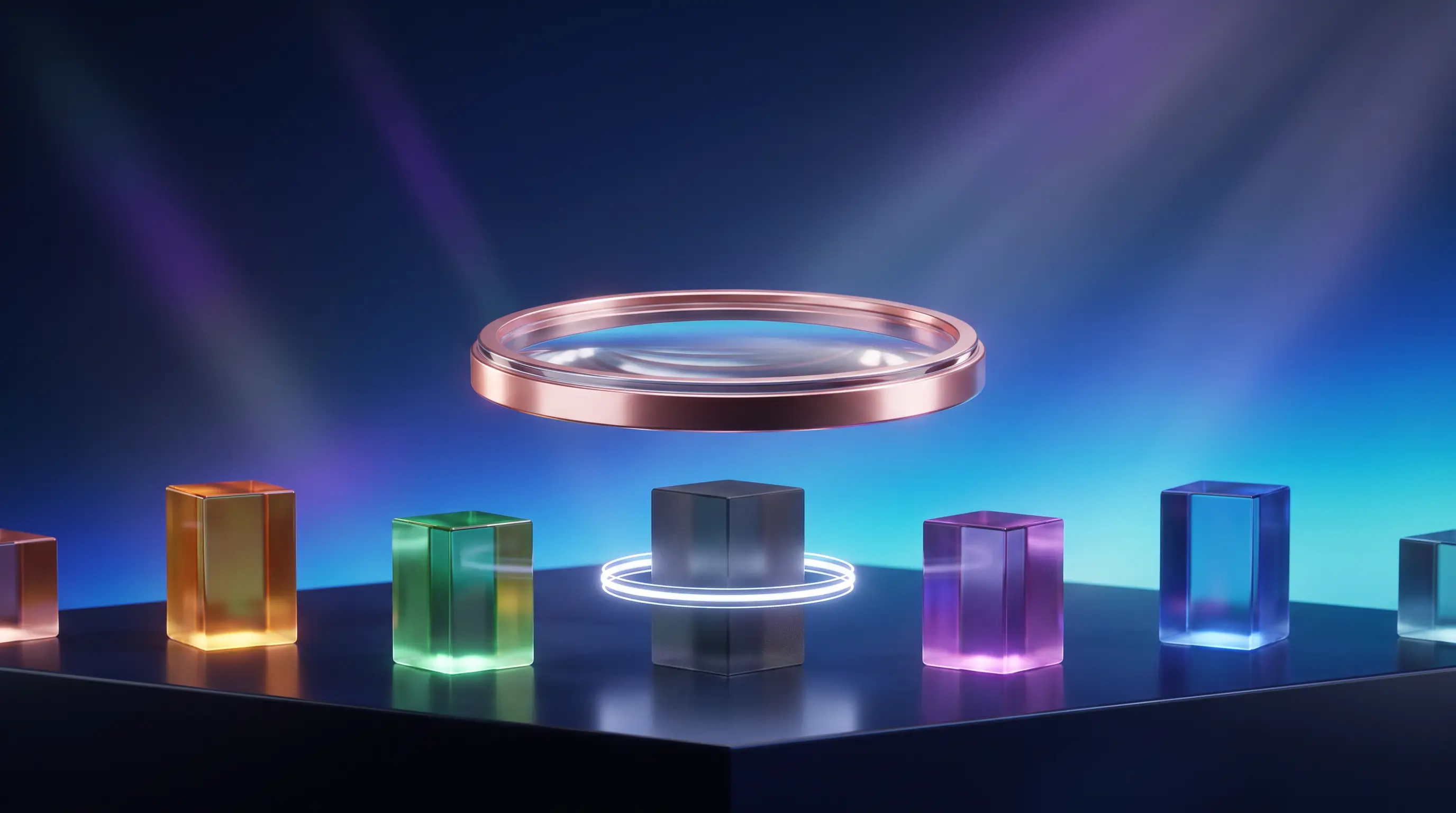 Rose-gold lens docking onto varied crystal plan monoliths with one caution-ringed exception, pairing GAP insurance with different health plans