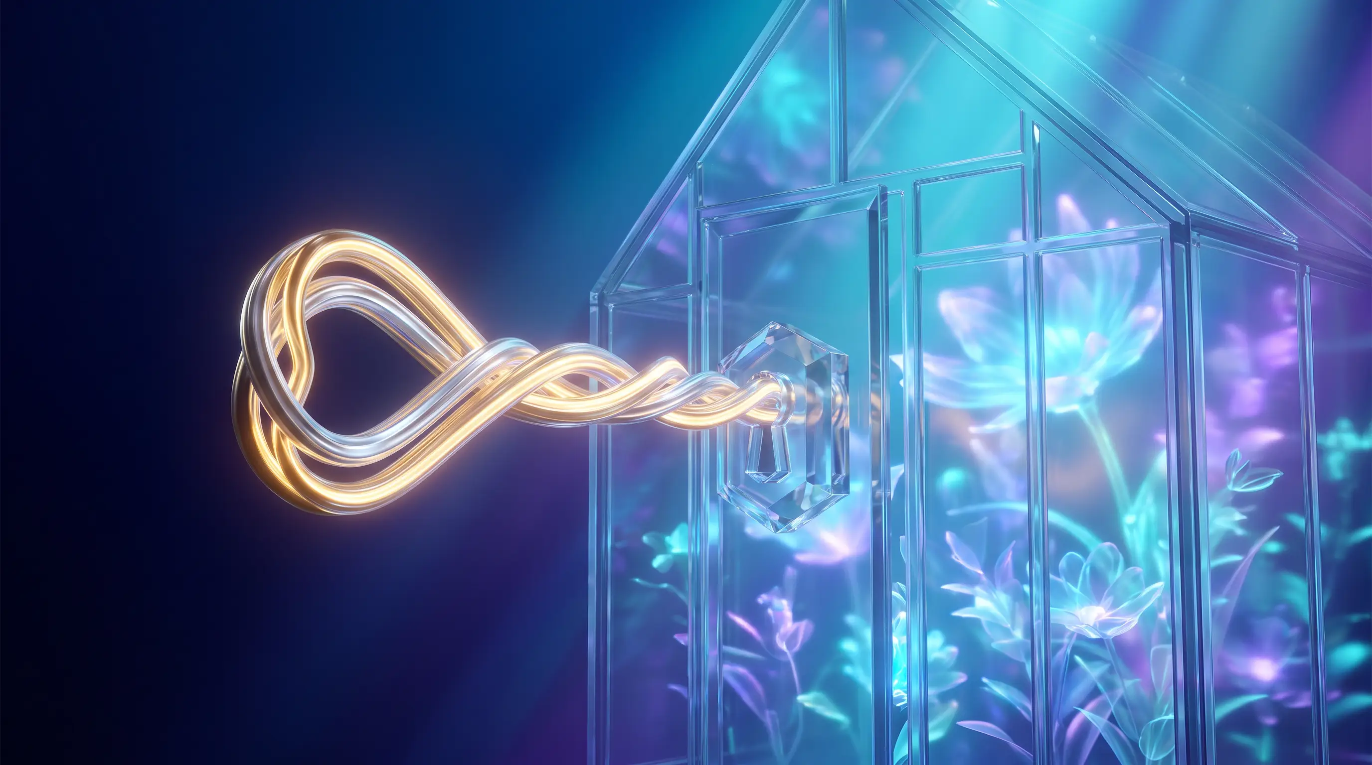 Gold and silver light ribbons braided into one key unlocking a glowing glass conservatory, hiring a spouse to unlock health benefits