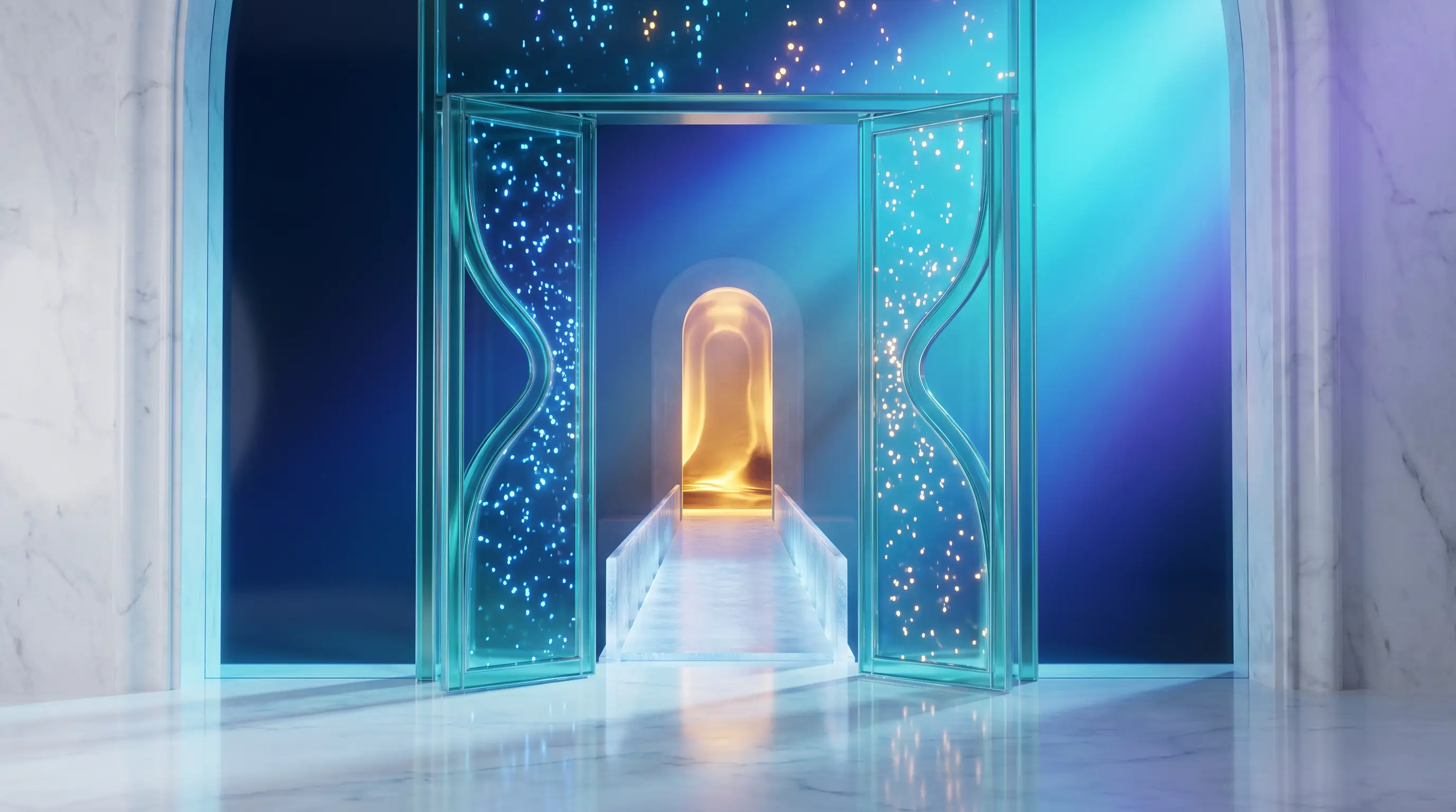 A crystal bridge crossing through an open hourglass doorway toward a golden vault before the sands run out, converting term life to whole life within the conversion window