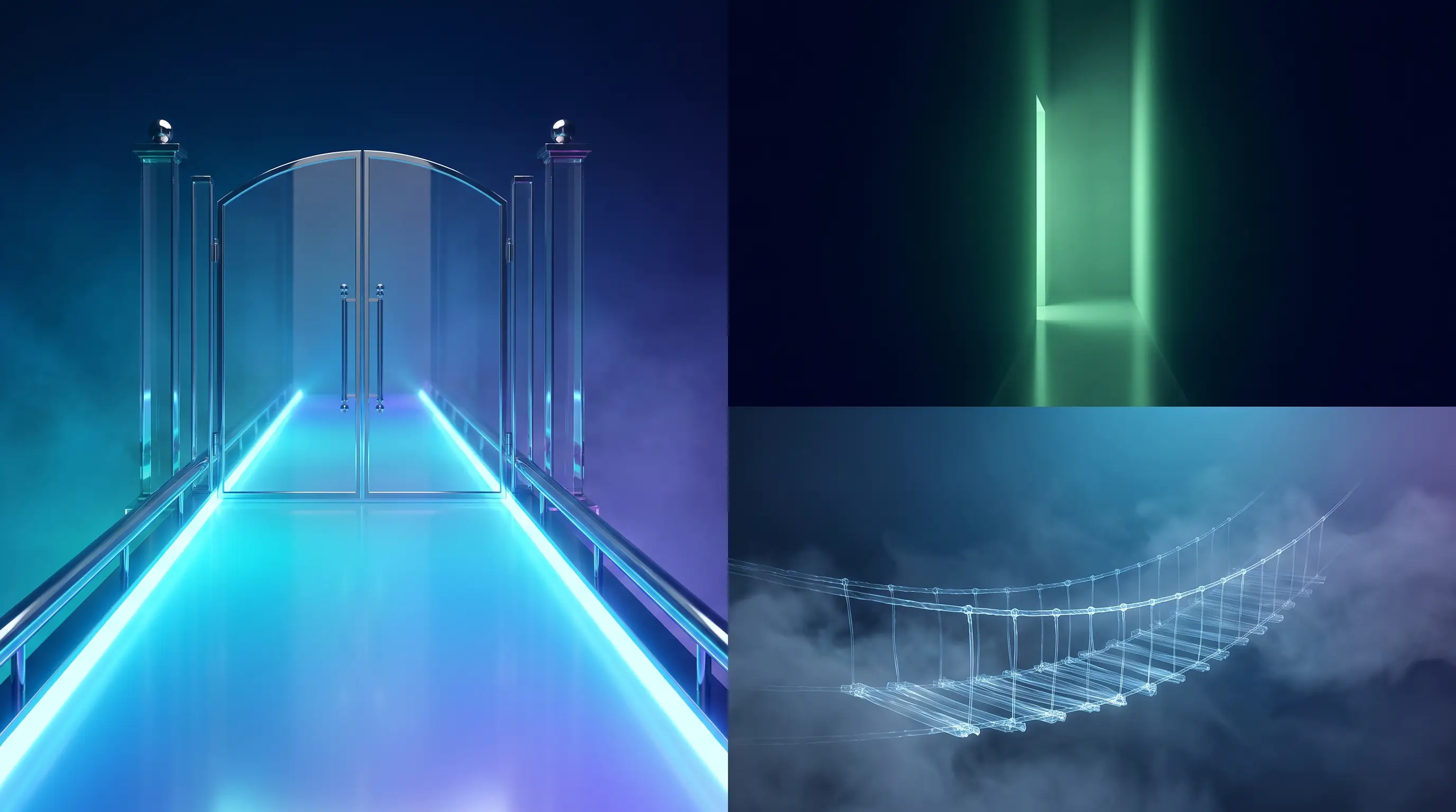 Closed glass gate with one narrow lit side passage and a dissolving rope bridge below, buying health insurance outside open enrollment