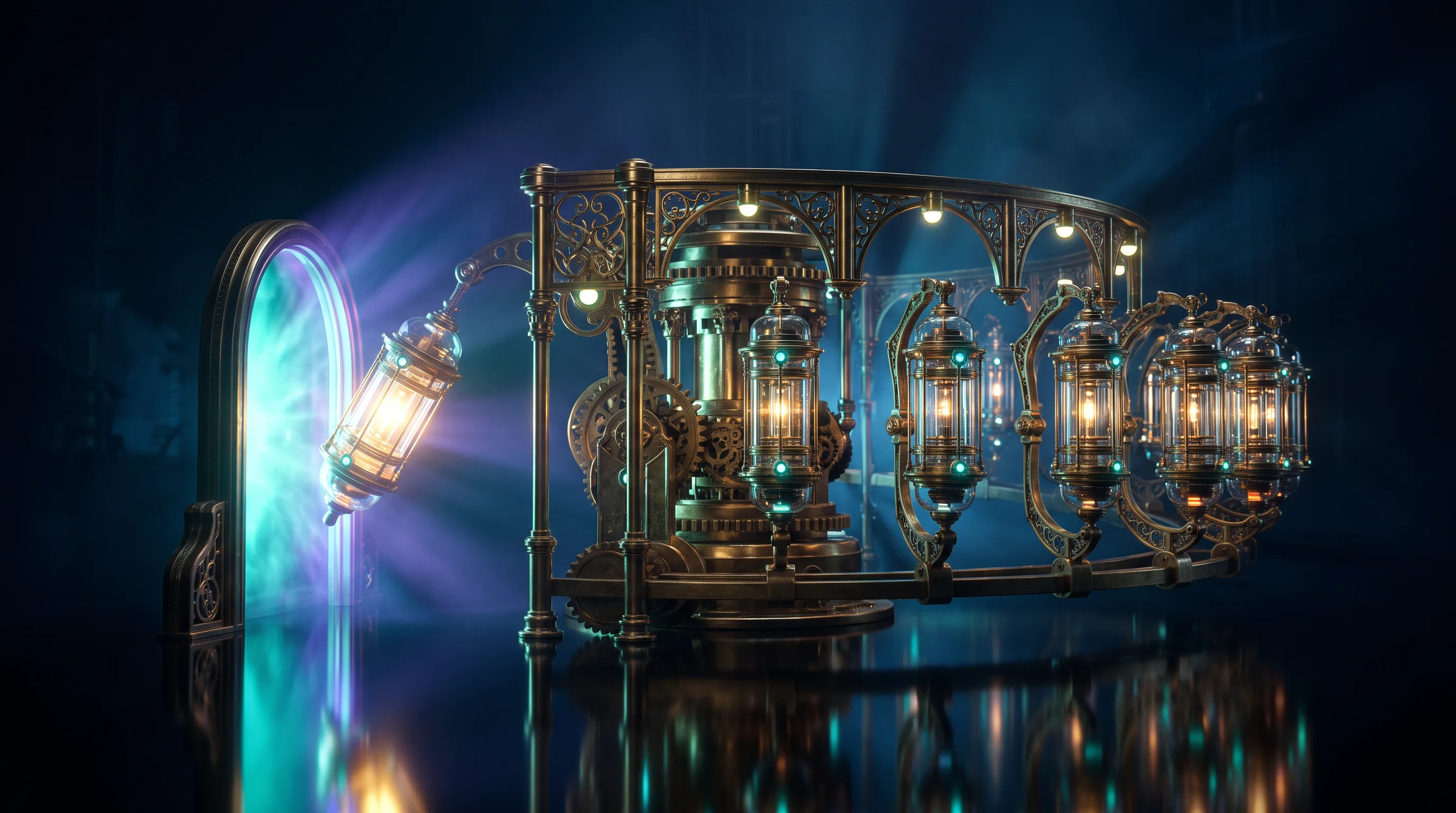 A brass carousel rotating glass capsules past one glowing annual gate, changing Medicare Part D plans each year