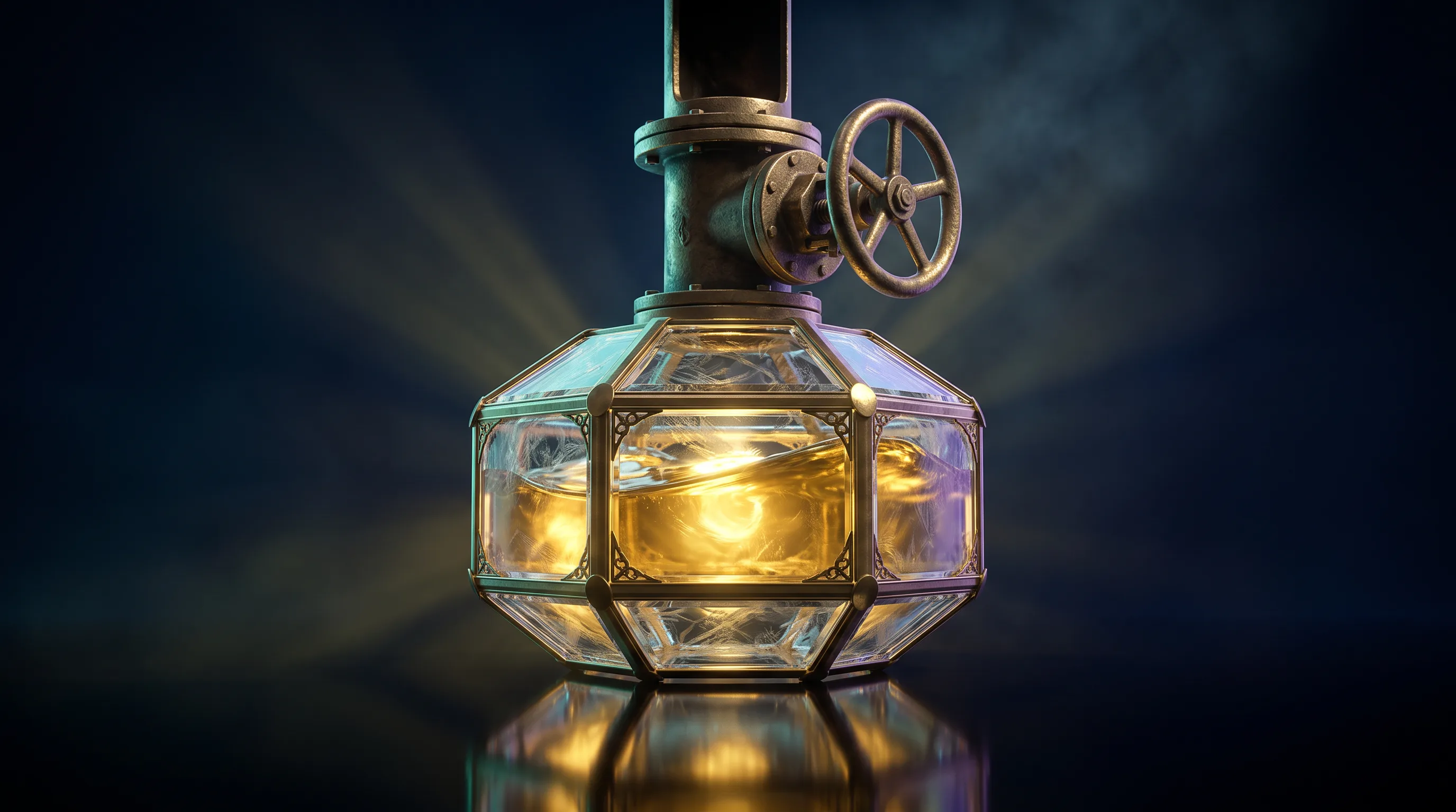 A brass valve sealing the inlet of a crystal reservoir that still holds its stored light, contributing to an HSA after enrolling in Medicare