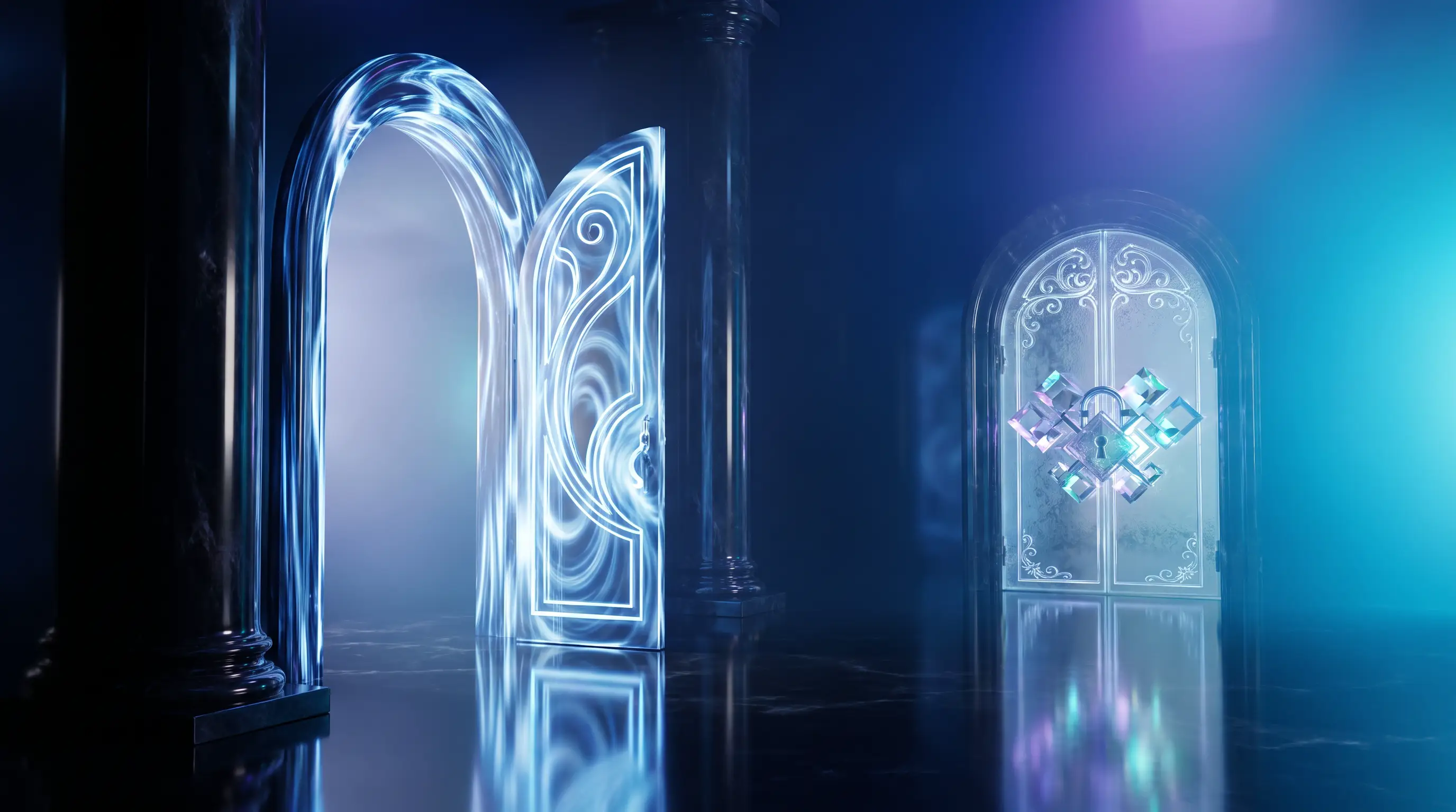 Open door of light beside a sealed frosted-glass door with a prism lock, switching from Medicare Advantage to Medigap and the underwriting barrier