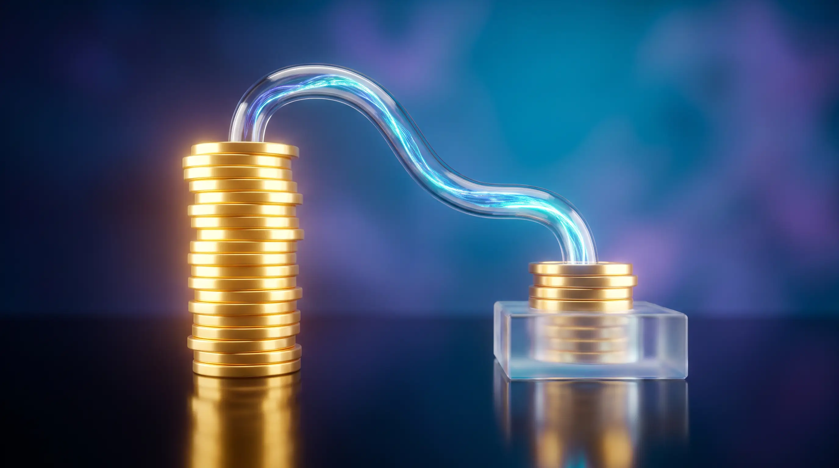 Glass siphon drawing a stream of golden coins from one stack back to a crystal ledger, paying back advance ACA subsidies at reconciliation