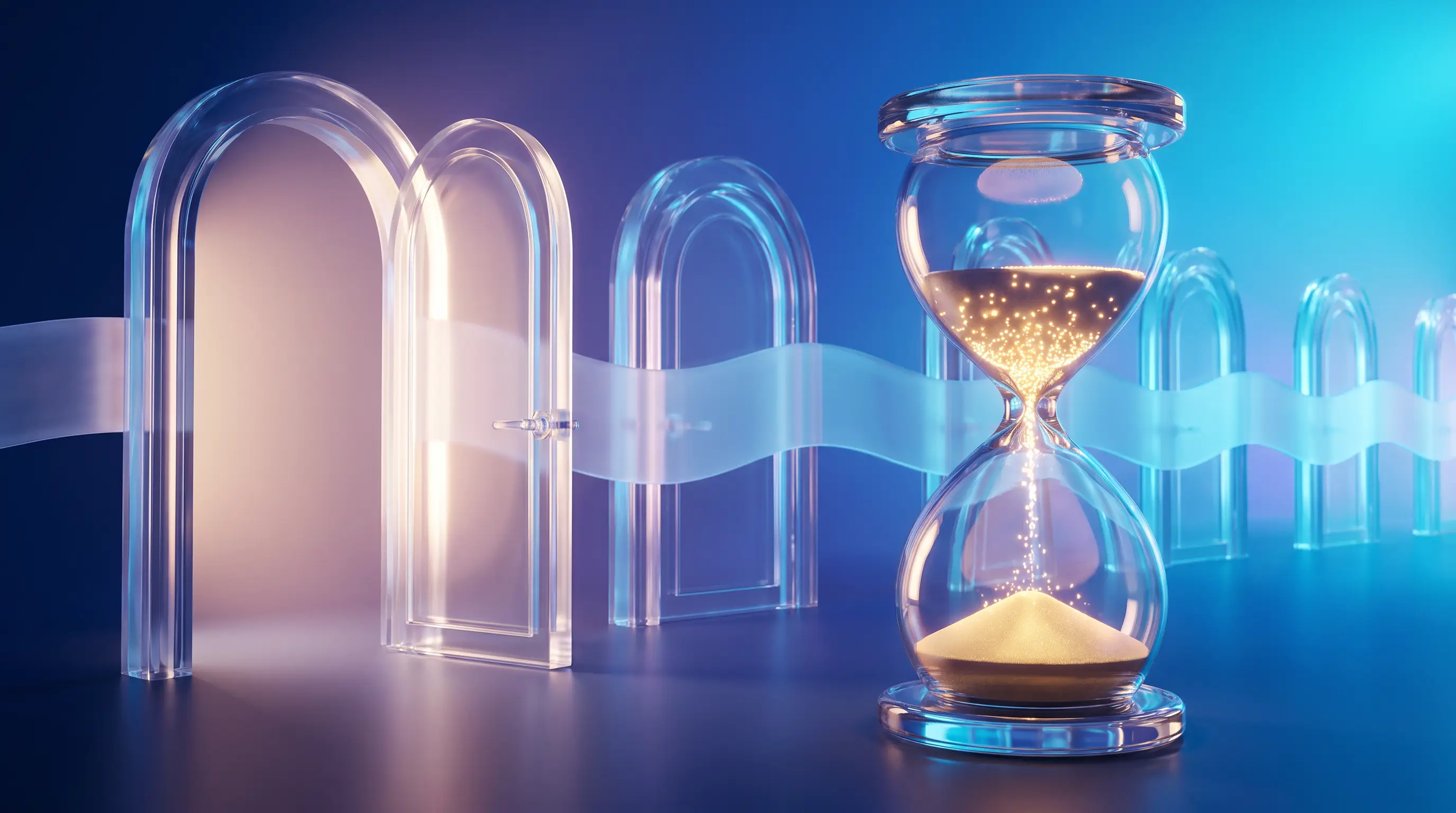 Glass hourglass of golden light in front of crystal doors, one open and the rest sealed, the waiting periods built into dental insurance plans
