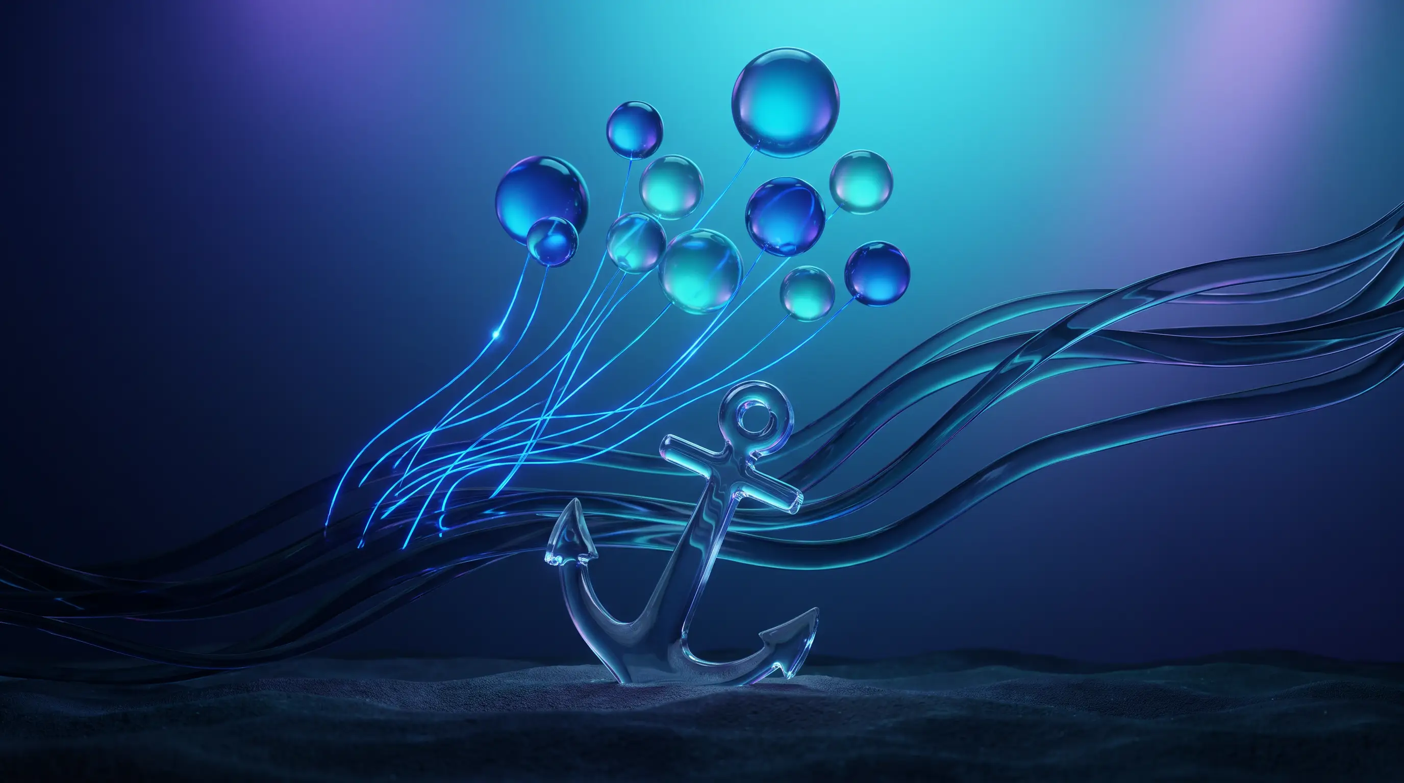 A glass anchor tethering glowing orbs against a strong current, how employee benefits hold teams and reduce turnover