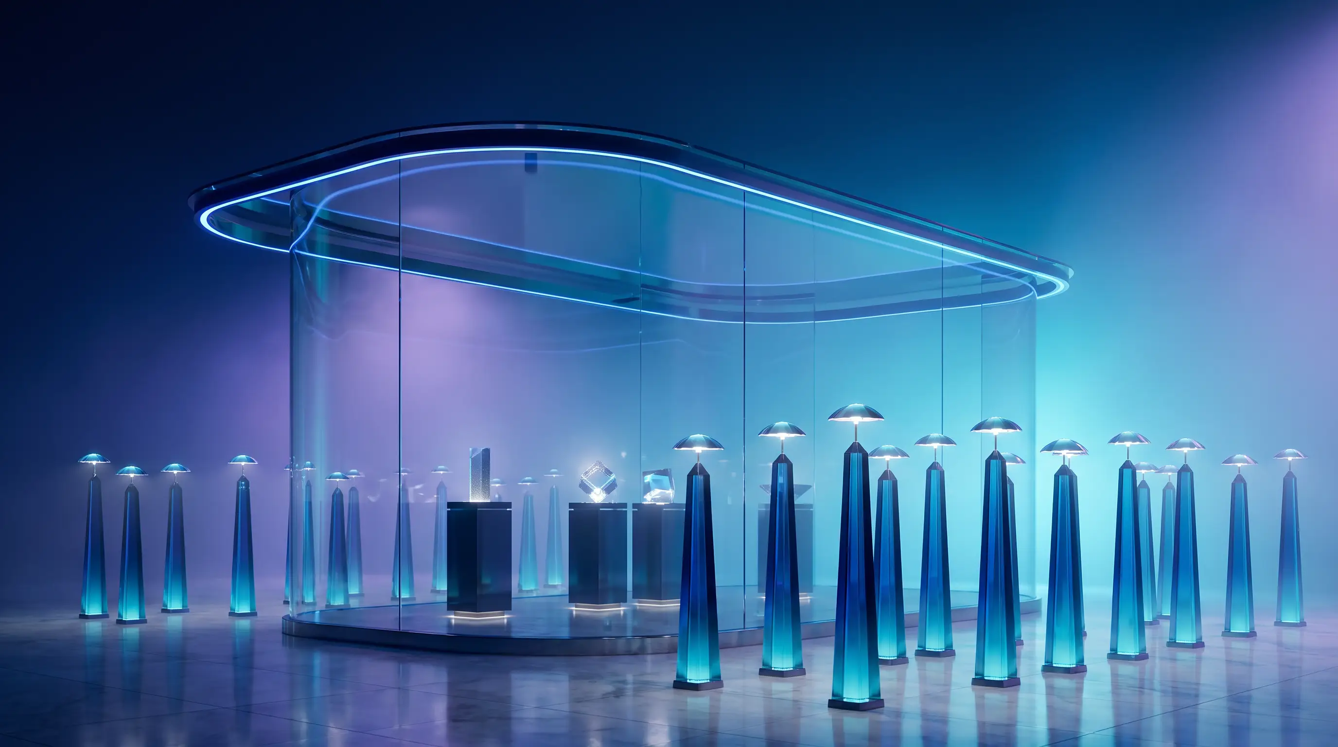 Glass pavilion covering only a few pedestals while glowing obelisks outside carry their own light umbrellas, brokerage health insurance and 1099 agents