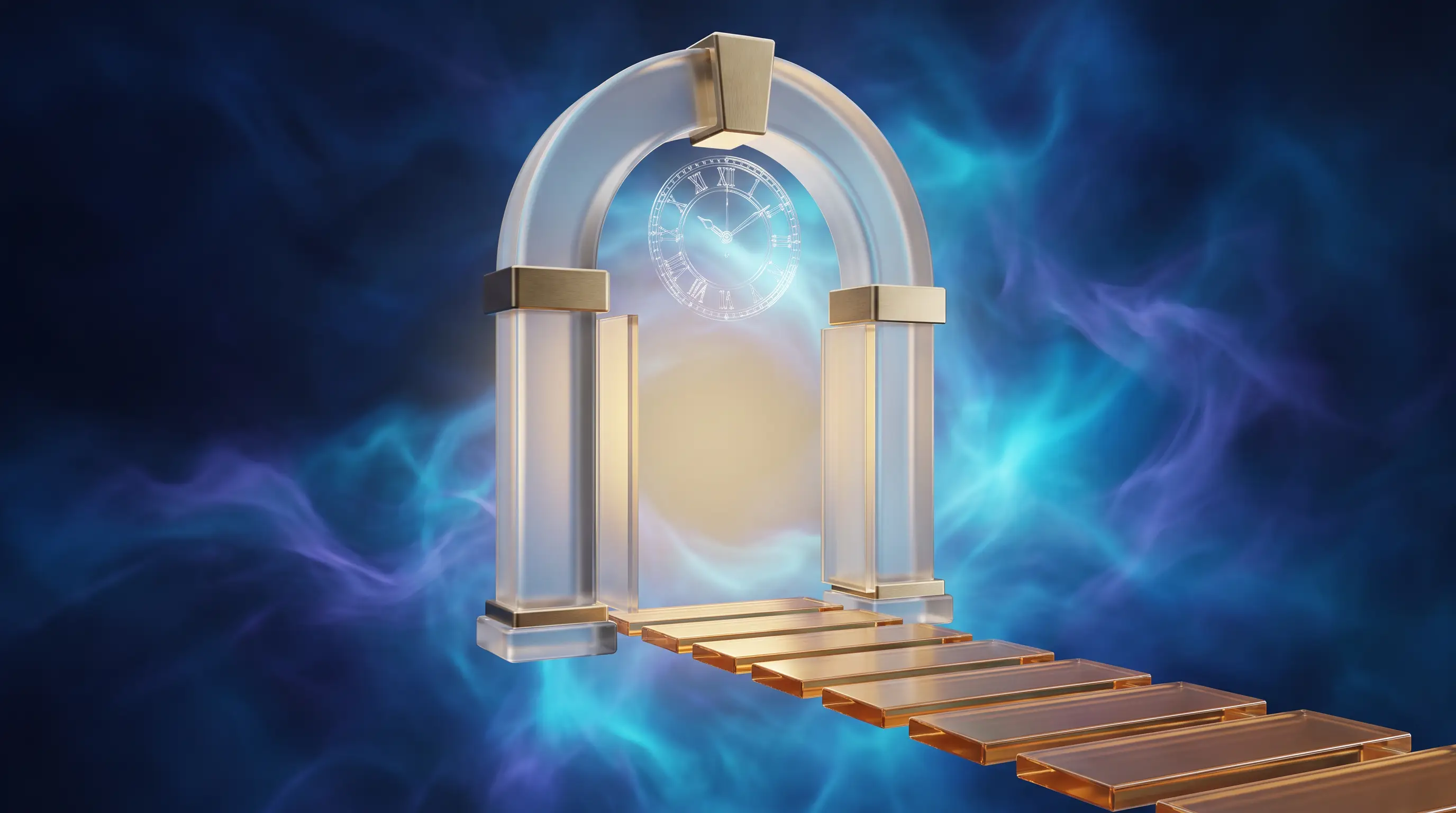 Glowing glass gateway with seven amber panels leading toward a luminous clock face, whether Medicare enrollment at 65 is required