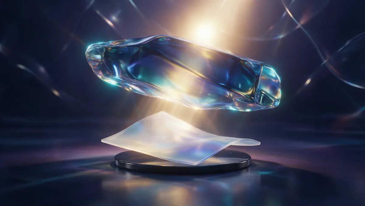 A single thin glass document on a plinth visibly bearing the weight of a large glass structure above it, one beam of gold light passing through, the plan document holding up the whole arrangement