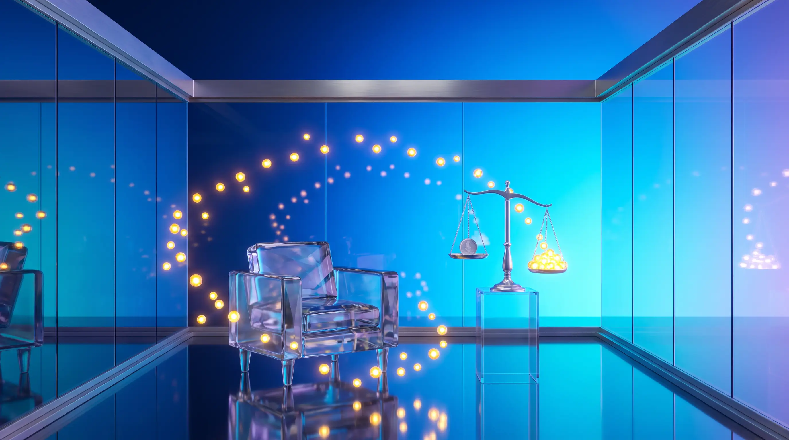 Glowing golden orbs orbiting an empty crystal chair inside a glass house, outweighing a coin on a balance scale, the unpaid economic value a stay-at-home parent's life insurance must replace